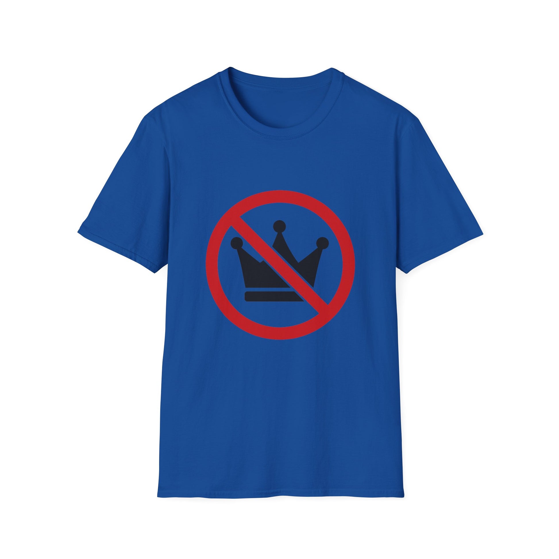 Blue t-shirt with a no-crown symbol on a white background
