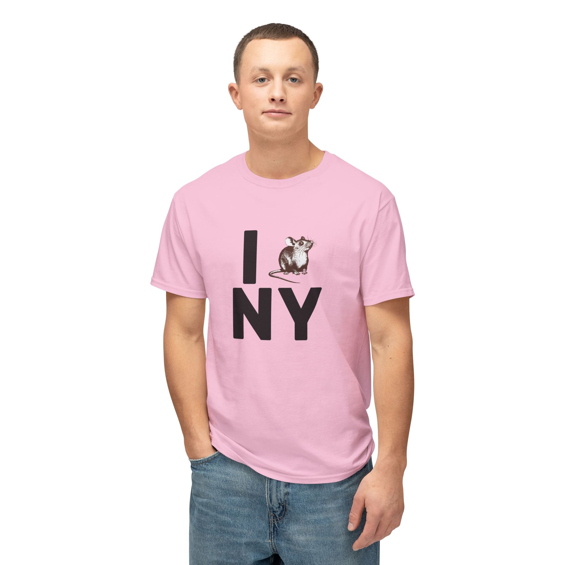 Male model wearing pink NY RAT T-Shirt with parody "I ♥ NY" rat graphic.