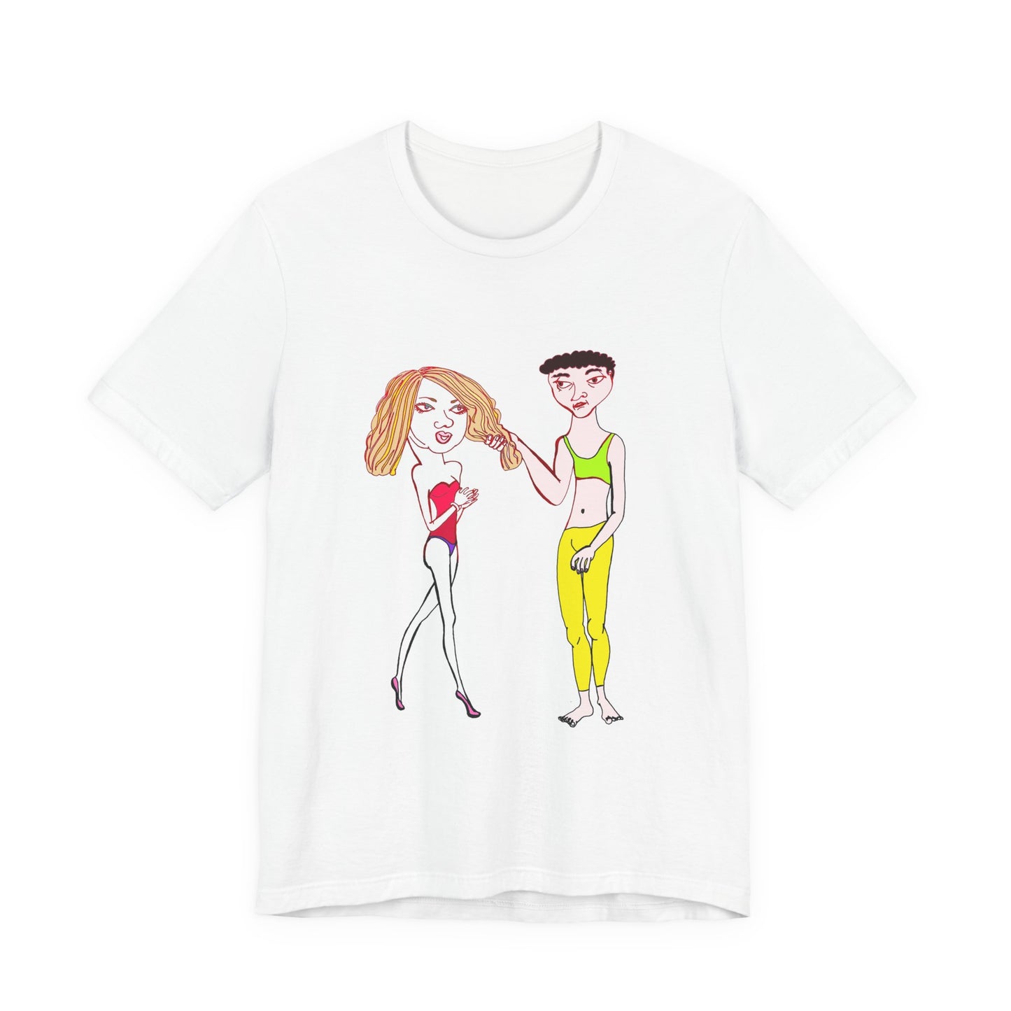 Flat lay of a white Charlotte and Van hand-drawn couple tee with quirky illustrated characters centered on the front.