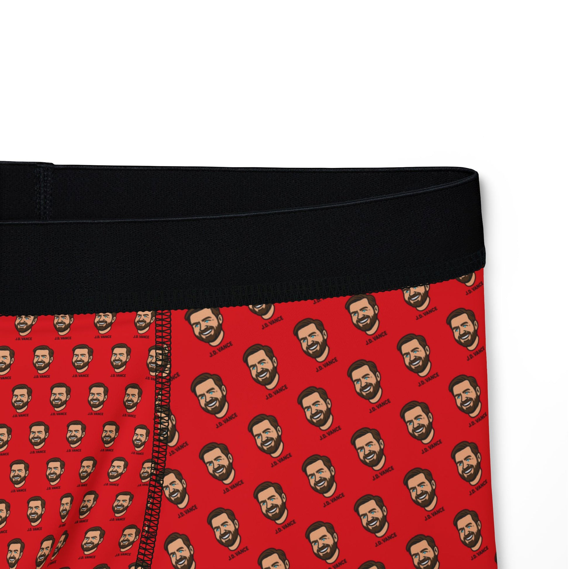 Close-up shot of waistband and fabric on J.D. Vance Boxer Briefs, highlighting material texture and face pattern.