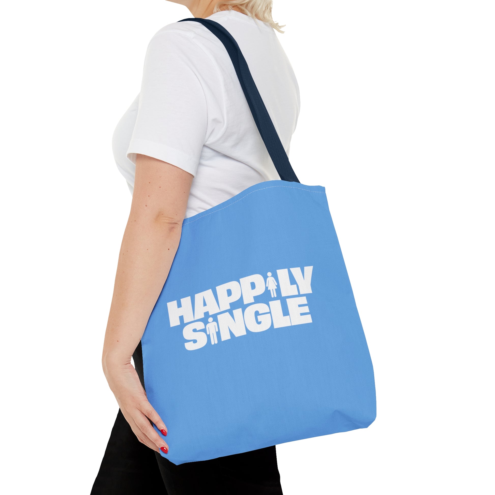Light blue tote bag featuring the bold white text "Happily Single" with small male and female icons