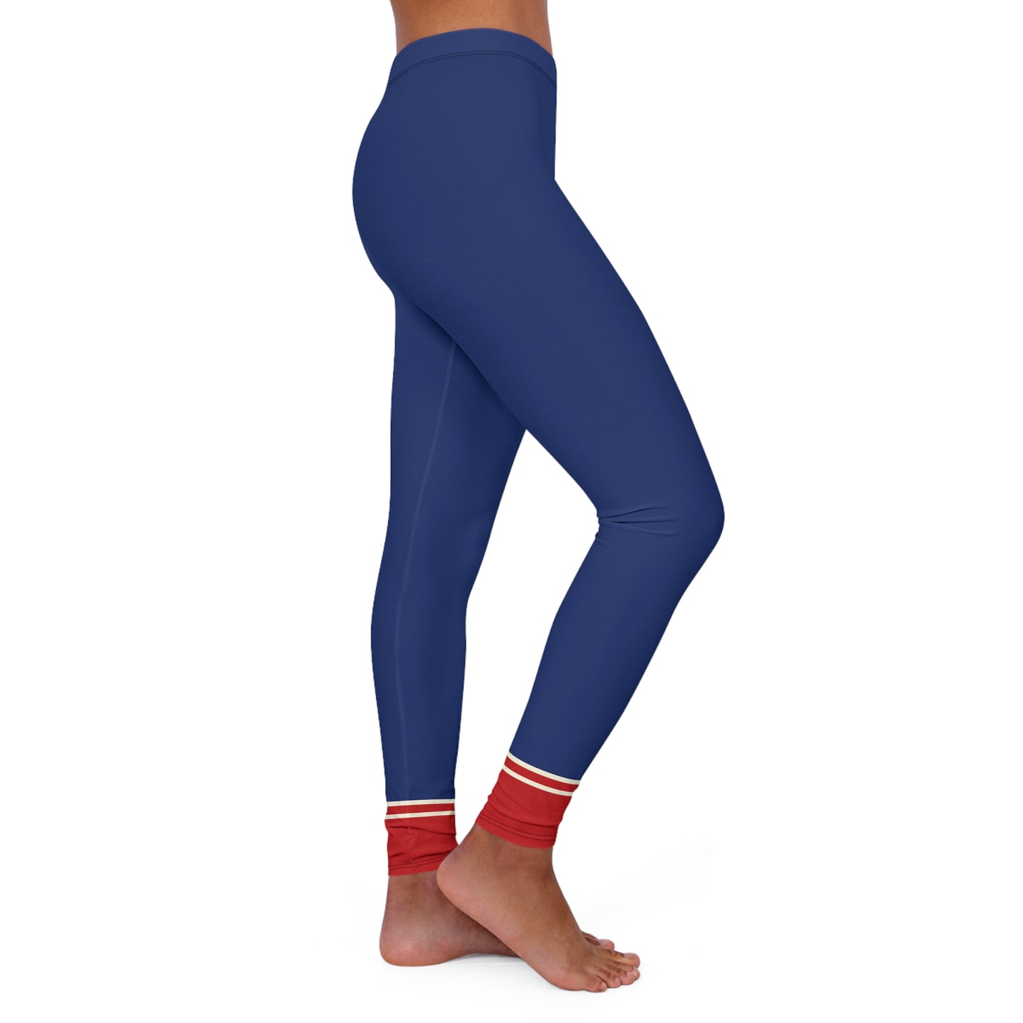 Blue leggings with red and white accents on a white background