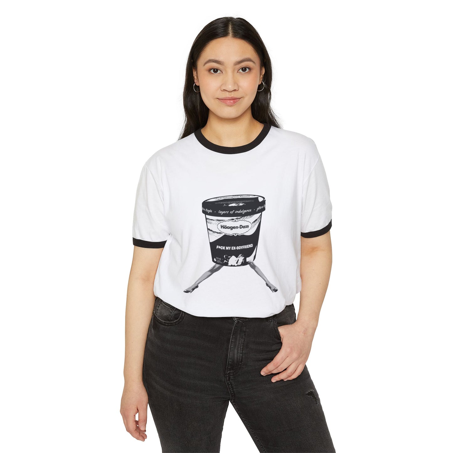 Woman standing confidently in ringer tee featuring sarcastic ex-boyfriend graphic