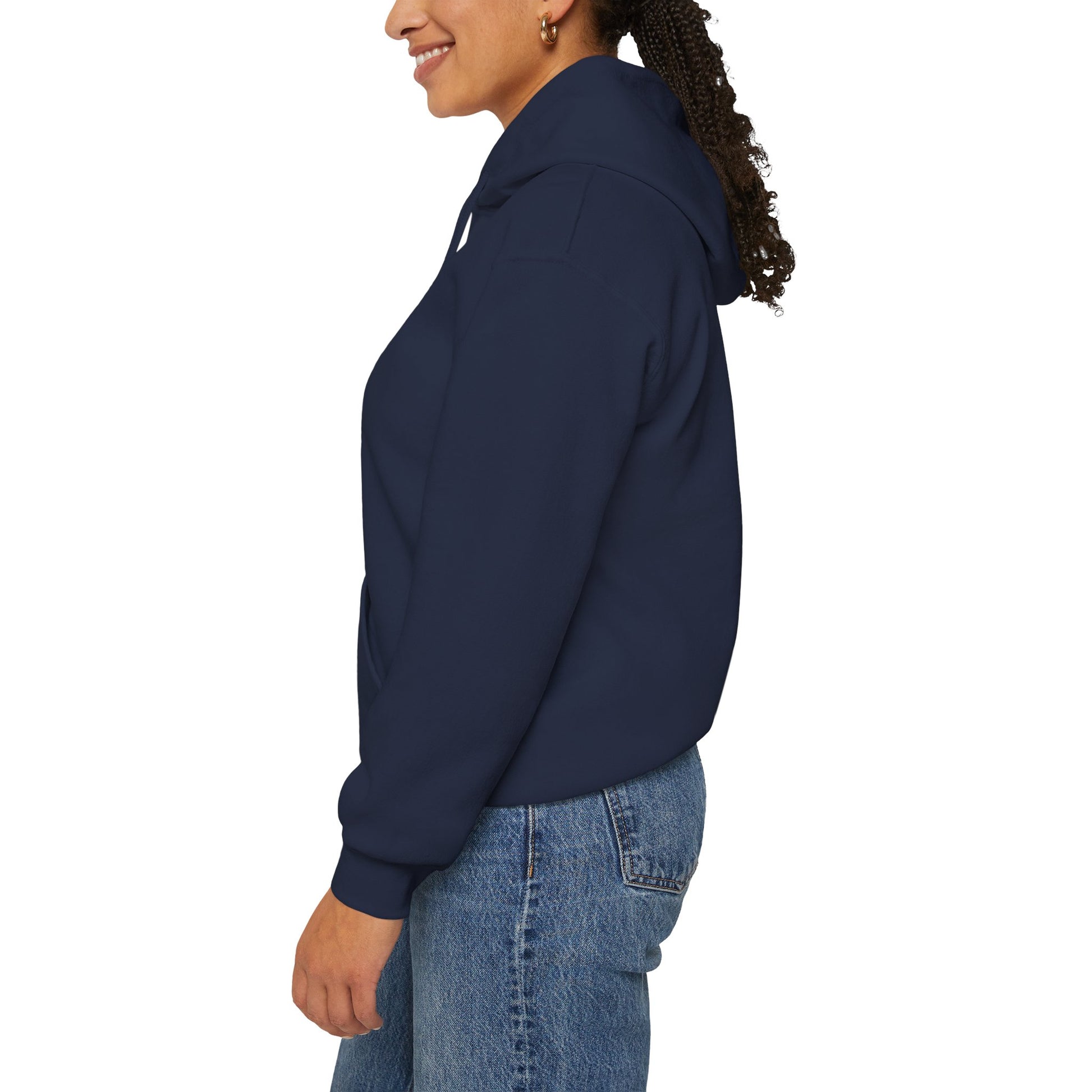 Side view of female model wearing navy OG NJ Housewives Hooded Sweatshirt with hood down.