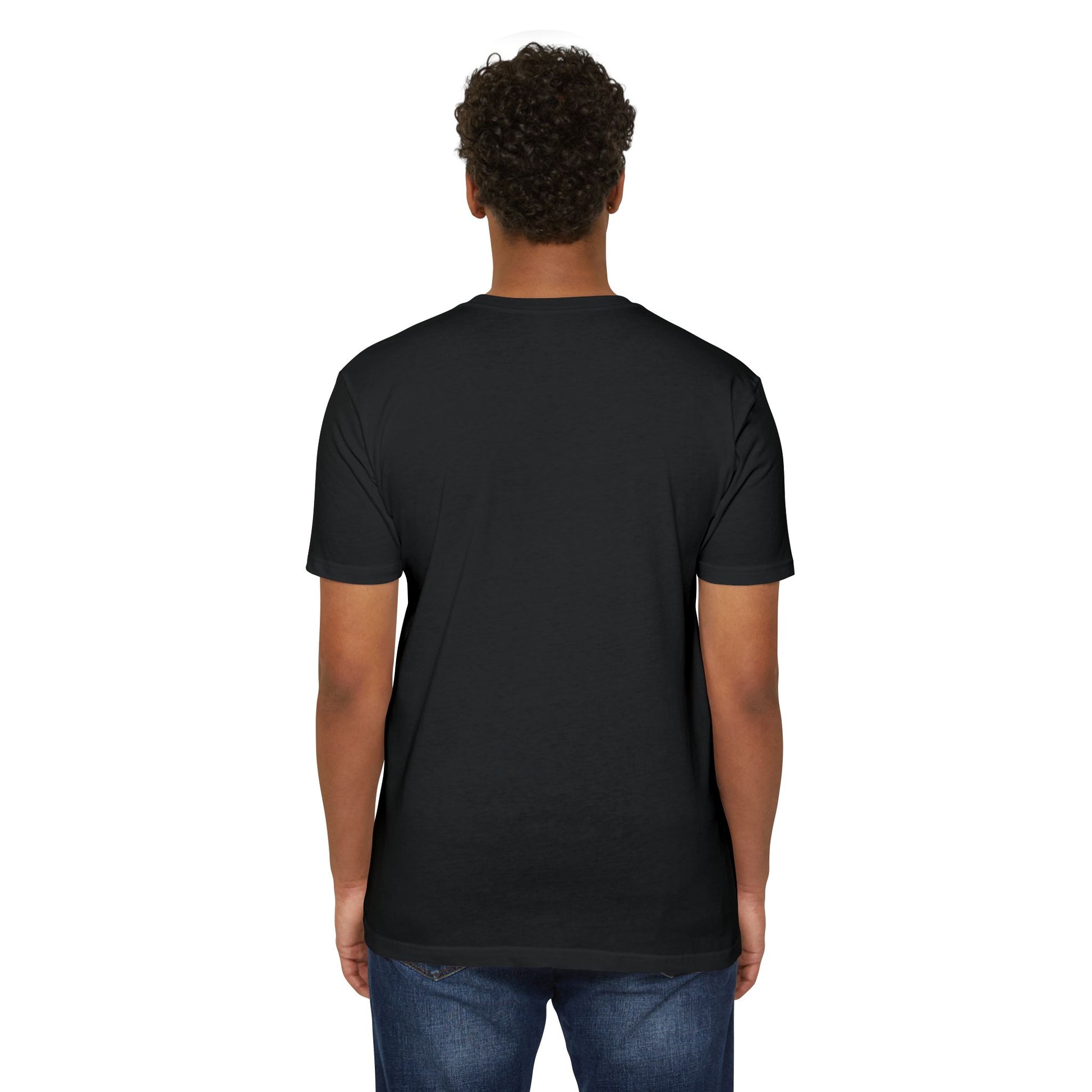 Rear view of male model wearing the black Uranium heavy metal band parody T-shirt, showing plain back.