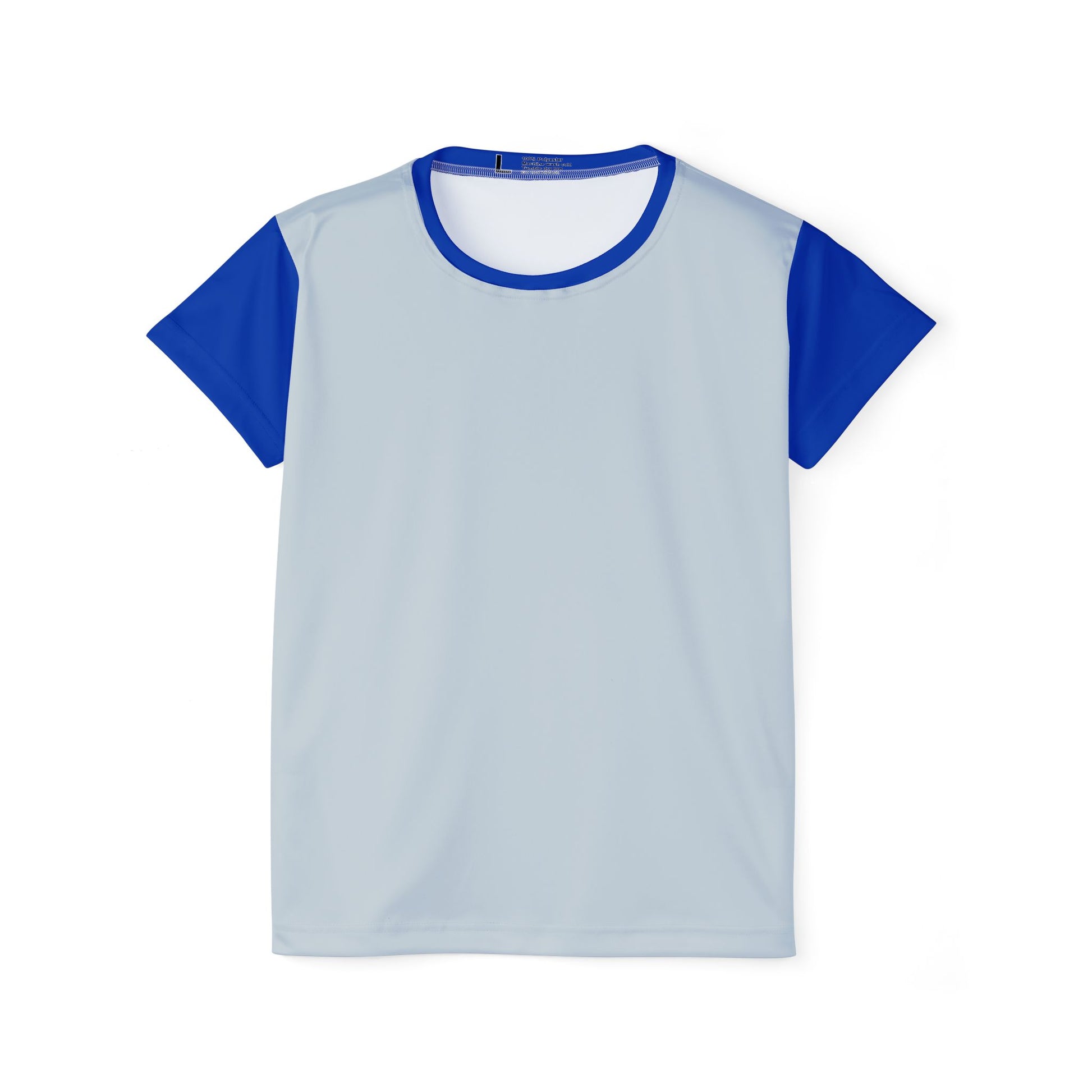Flat lay of front of Let's Go Yankees women's sports jersey with light gray body and blue sleeves