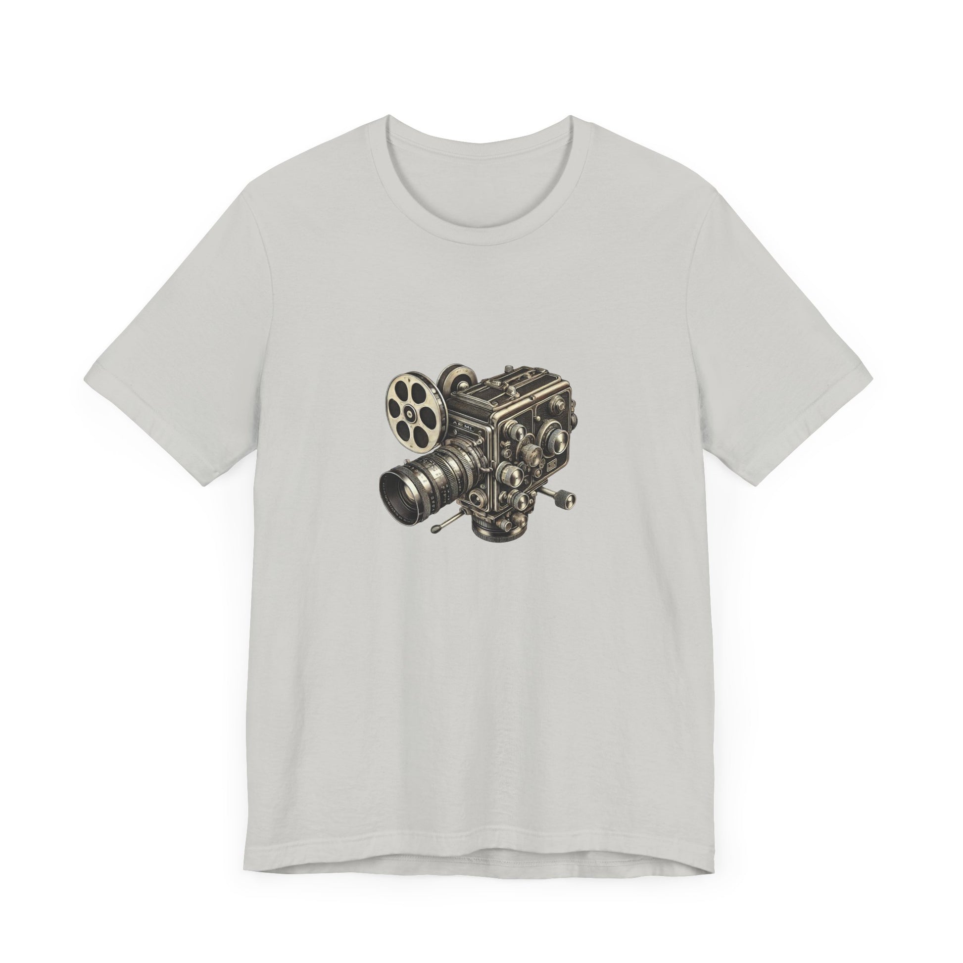 Light gray t-shirt with vintage 16mm camera design laid flat