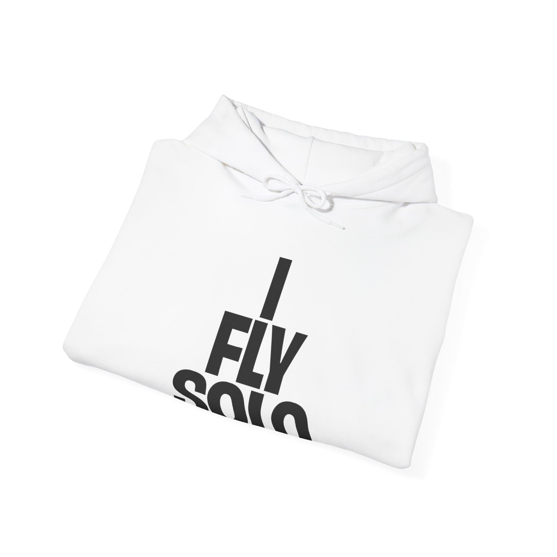 White hoodie with 'I Fly Solo' text on a white background
