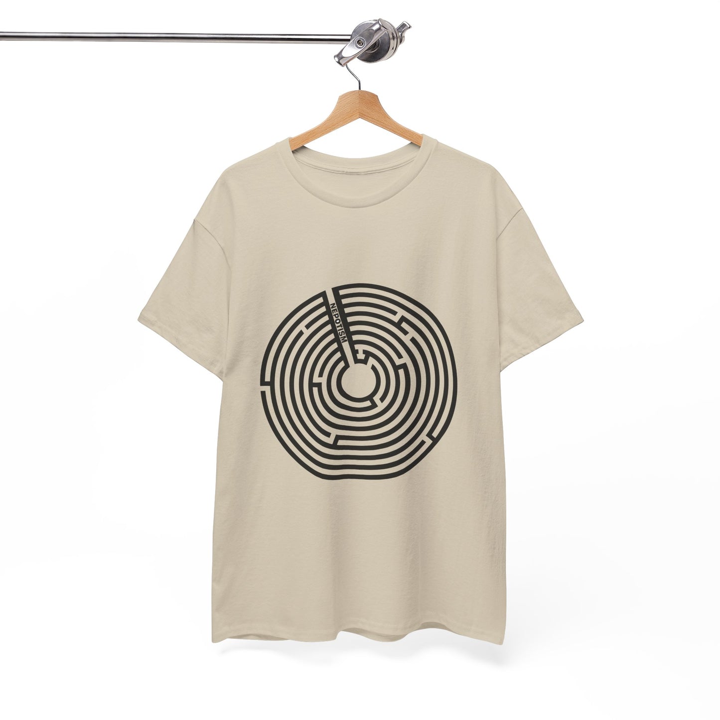 Beige Nepo T-Shirt with bold maze print displayed on hanger