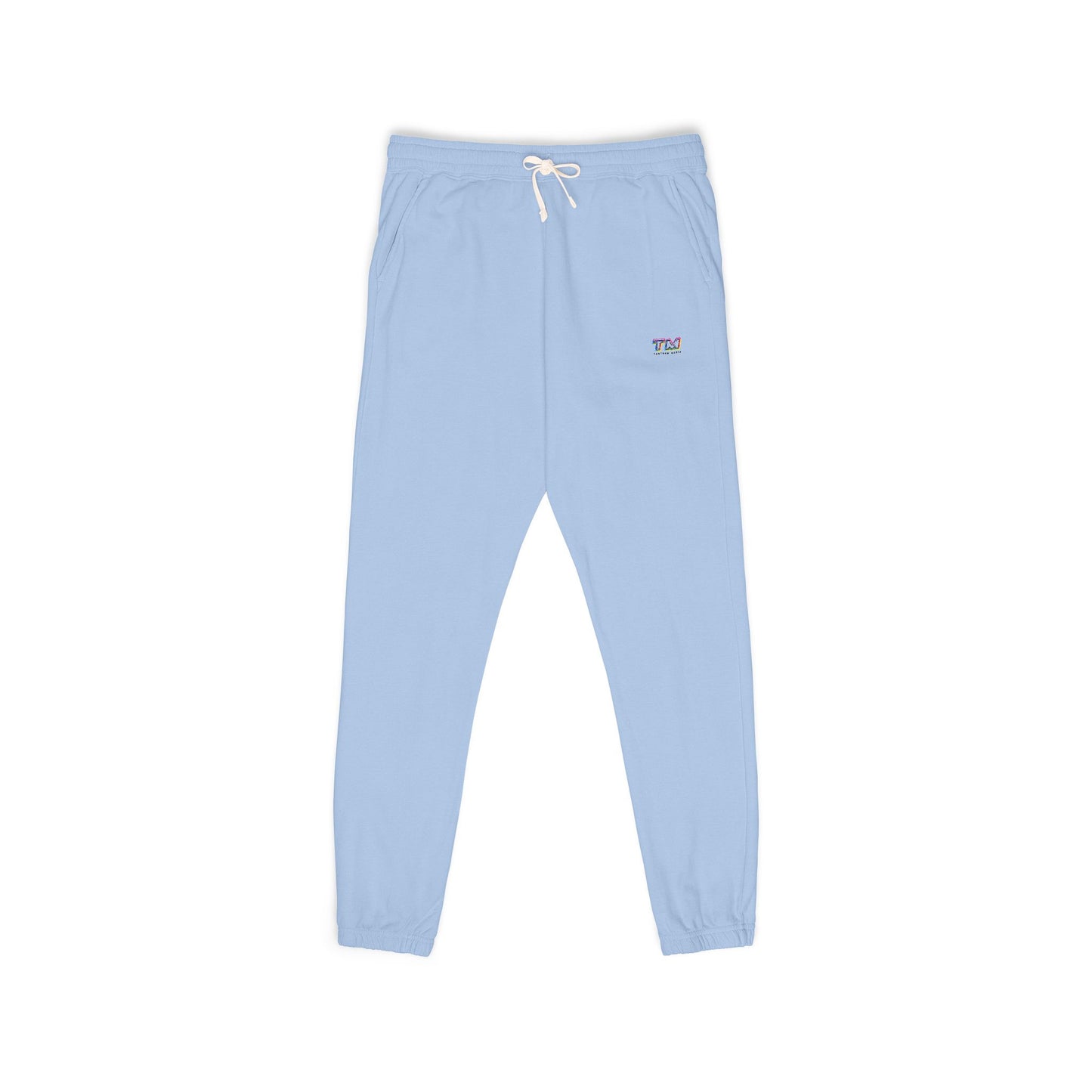 Light blue Tantrum Media Cozy Fleece Sweatpants with elastic waistband and logo