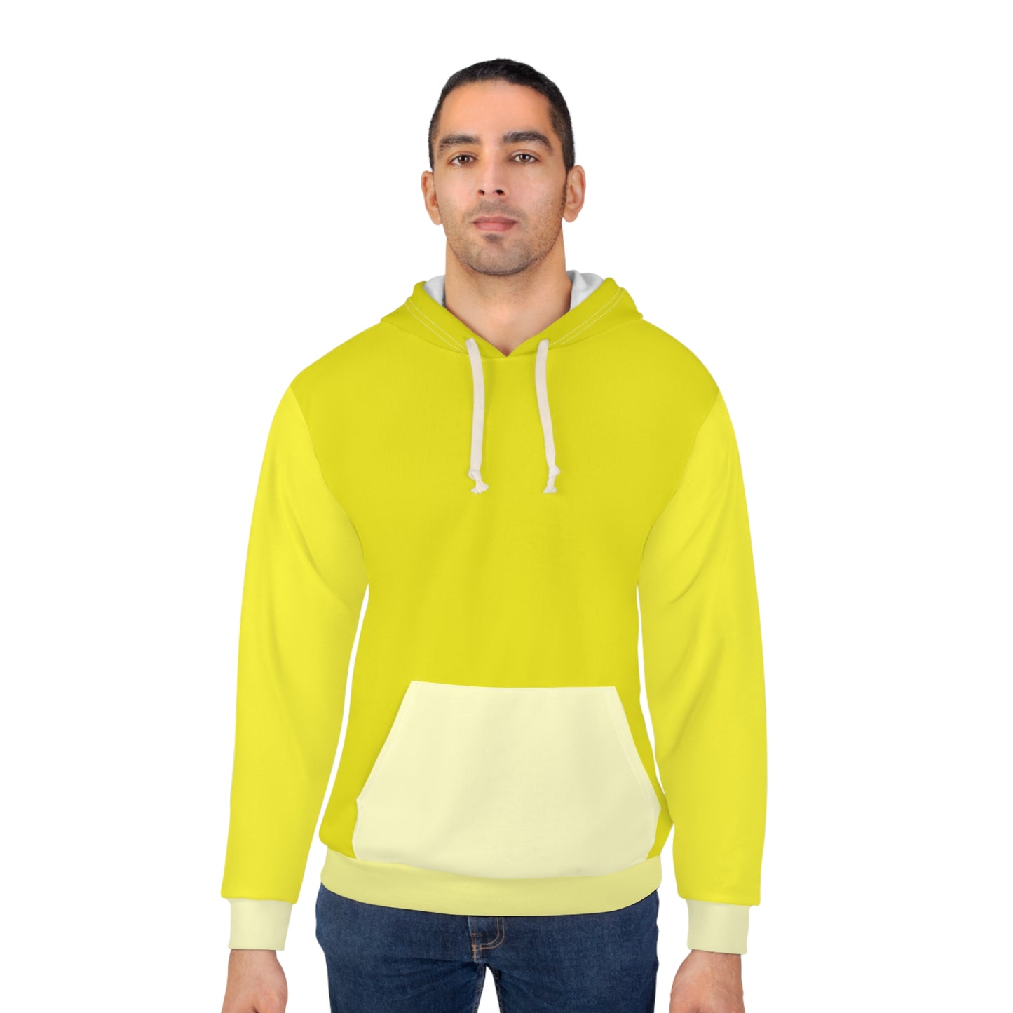 Male model wearing Banana Unisex Hoodie featuring bold yellow color blocks, classic fit, and trendy streetwear style