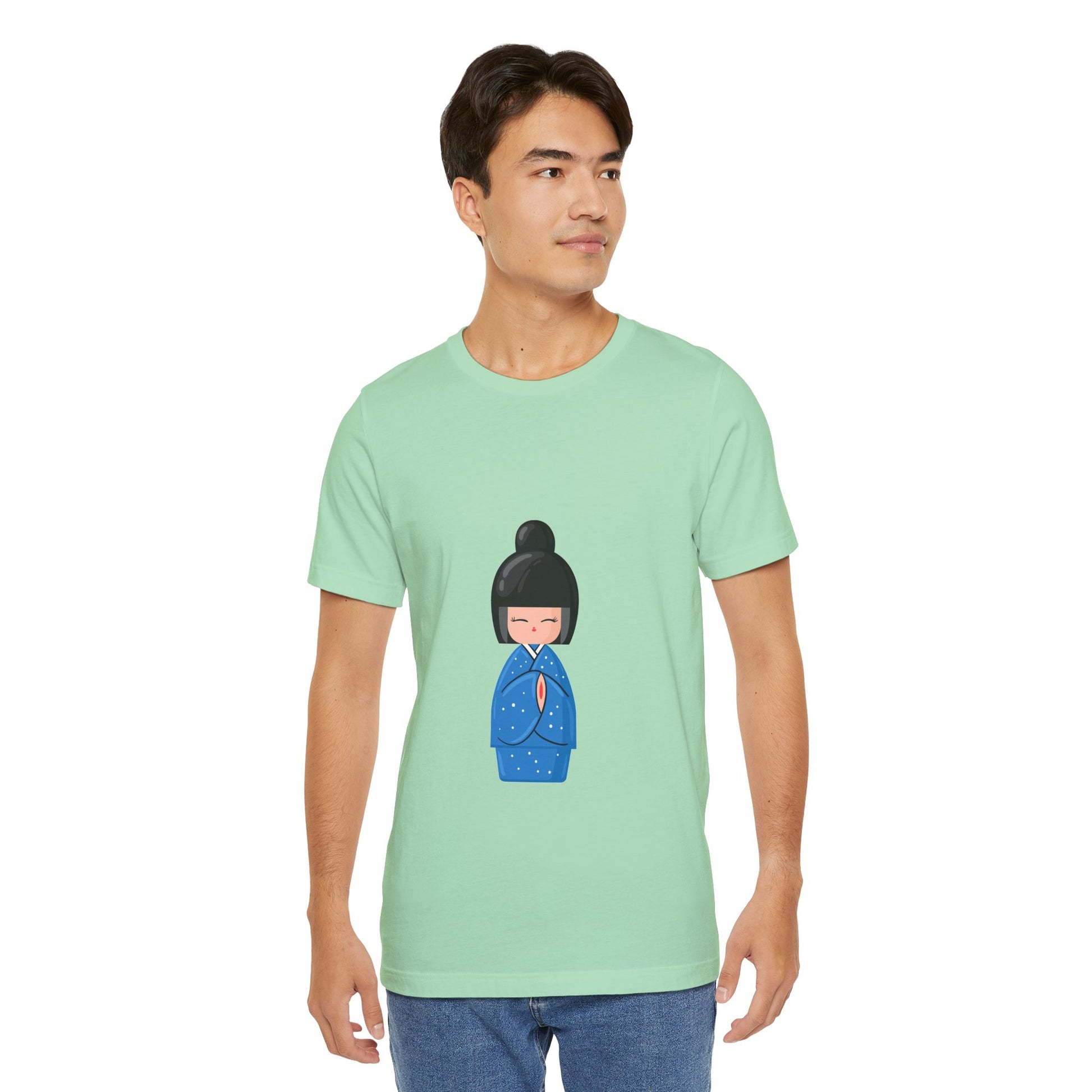 Man in green Geisha Blue T-Shirt styled casually
