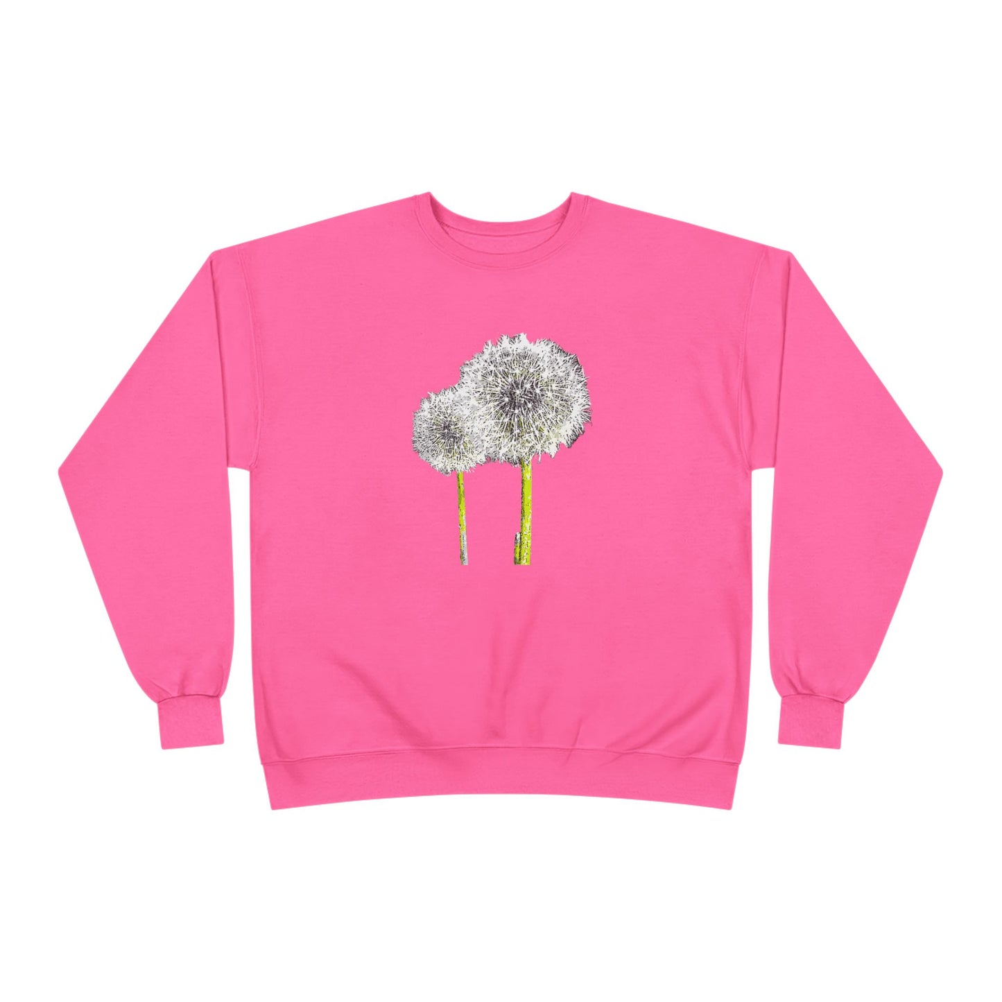 Pink Tantrum Media Dandelion Unisex Sweatshirt with white dandelion print, flat on white background