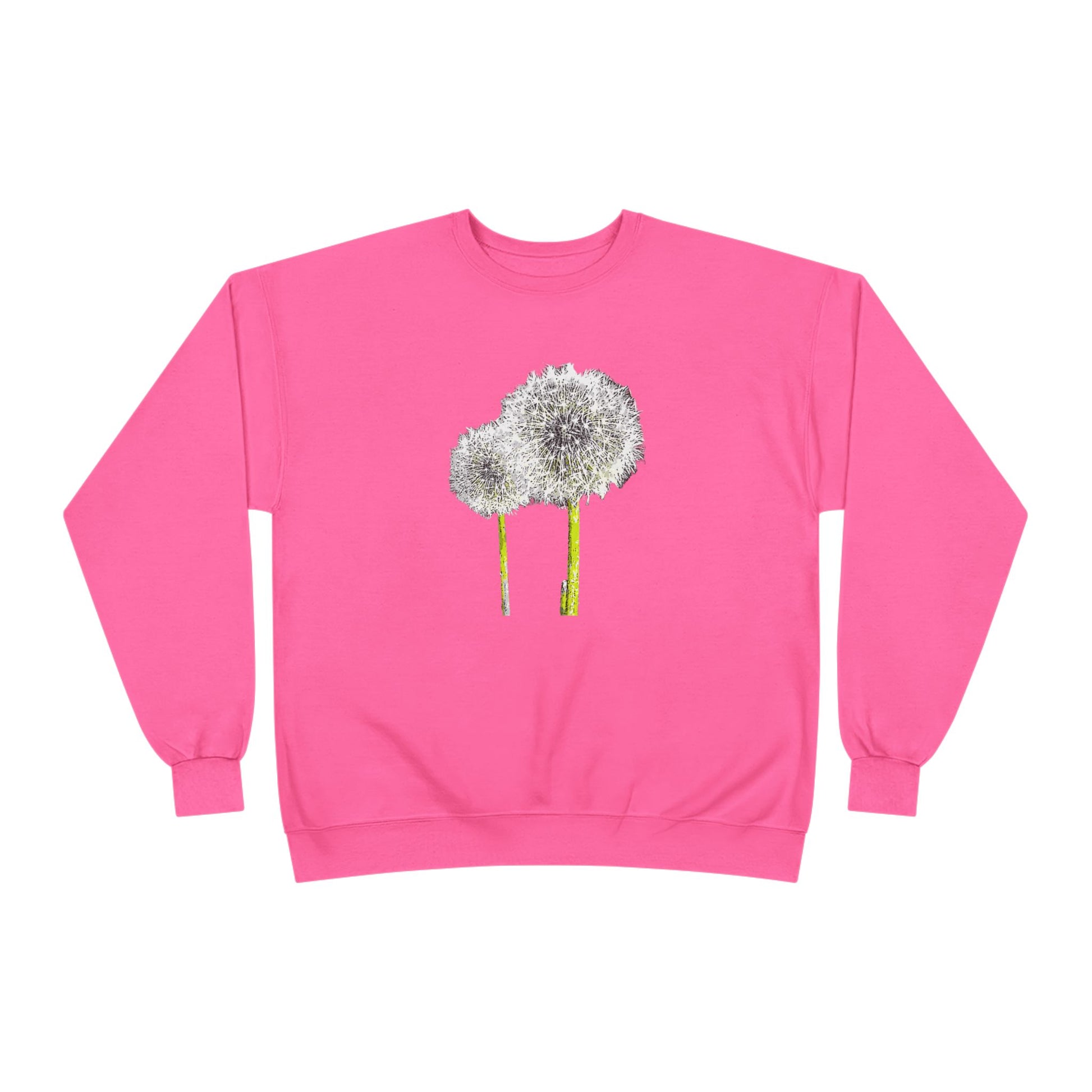 Pink Tantrum Media Dandelion Unisex Sweatshirt with white dandelion print, flat on white background