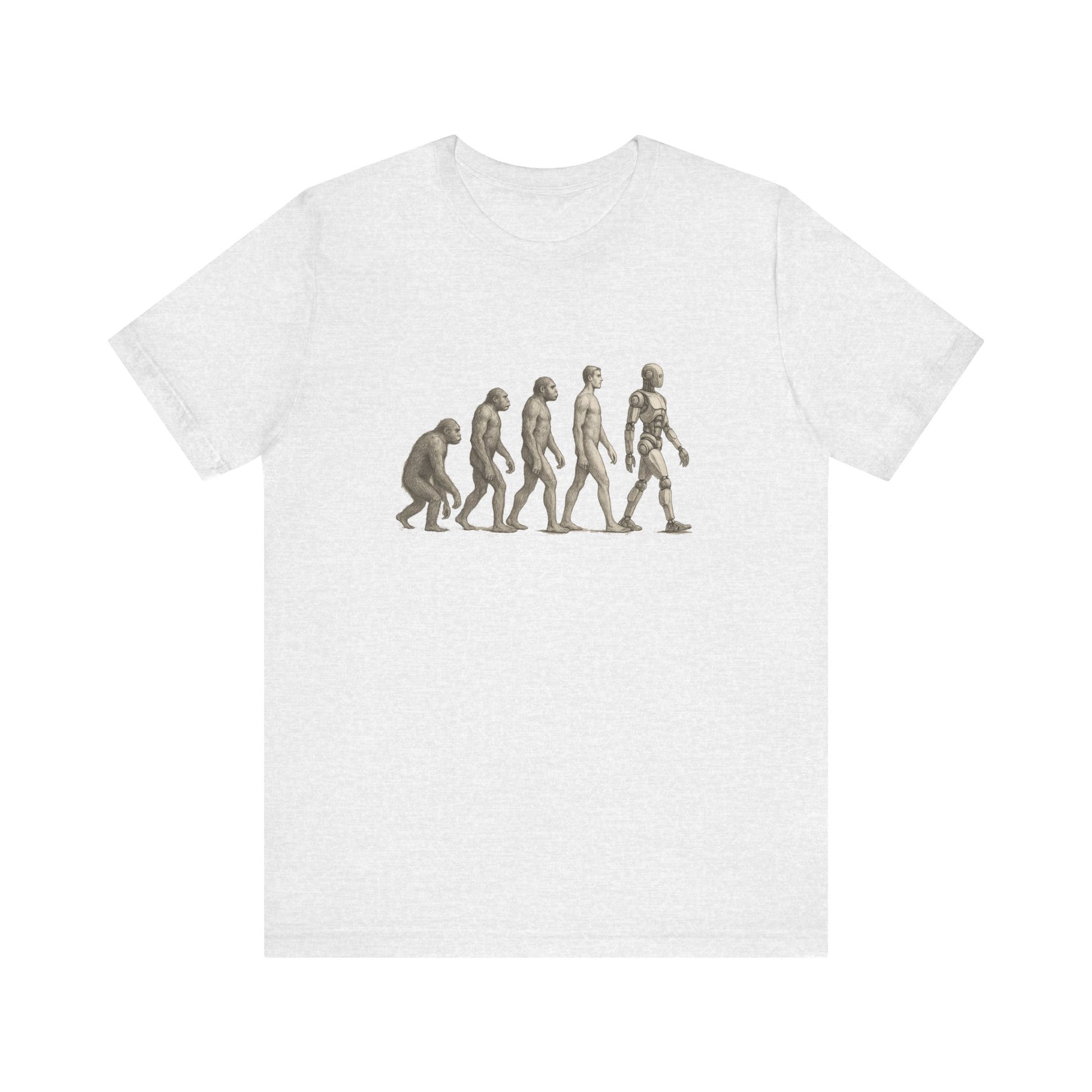 Cream t-shirt with human evolution graphic showing progression to robot