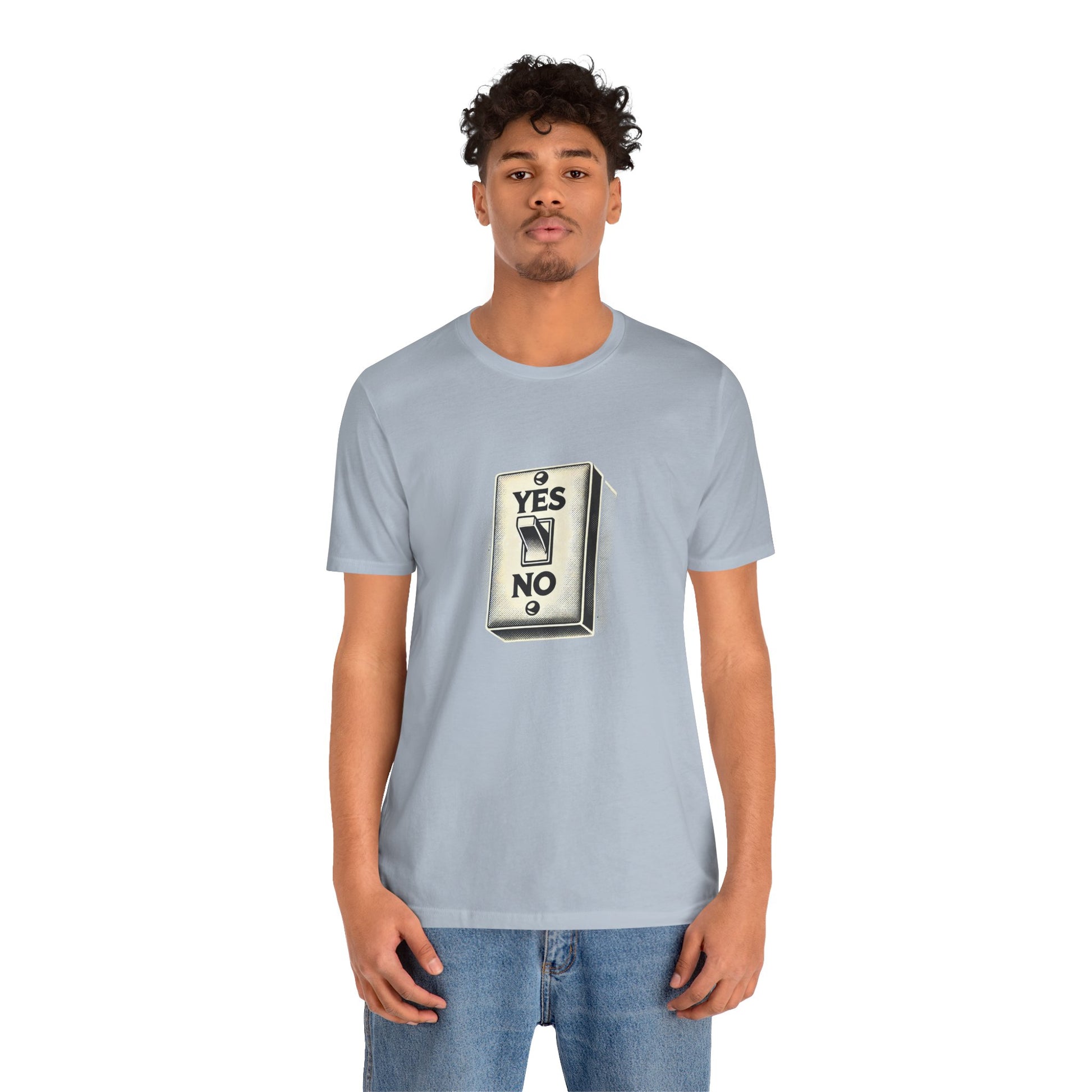Model wearing light blue YES/NO Switch Tee