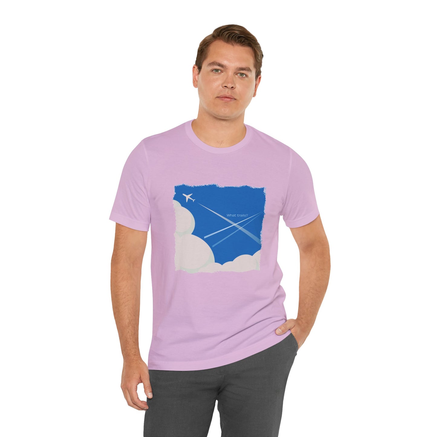 Man wearing a light purple t-shirt with a blue graphic design on a white background