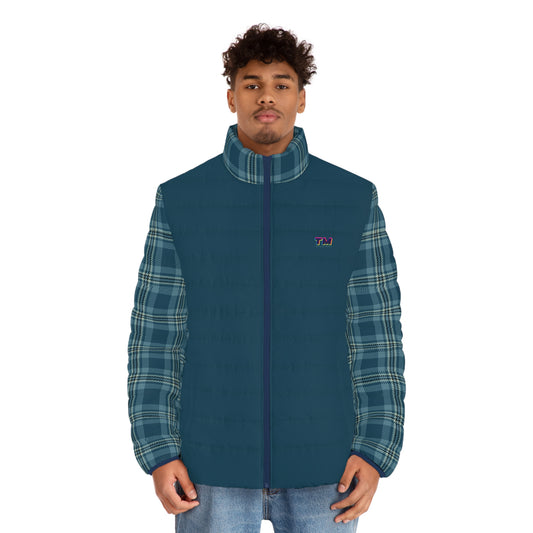 Man wearing a blue vest with plaid sleeves on a white background