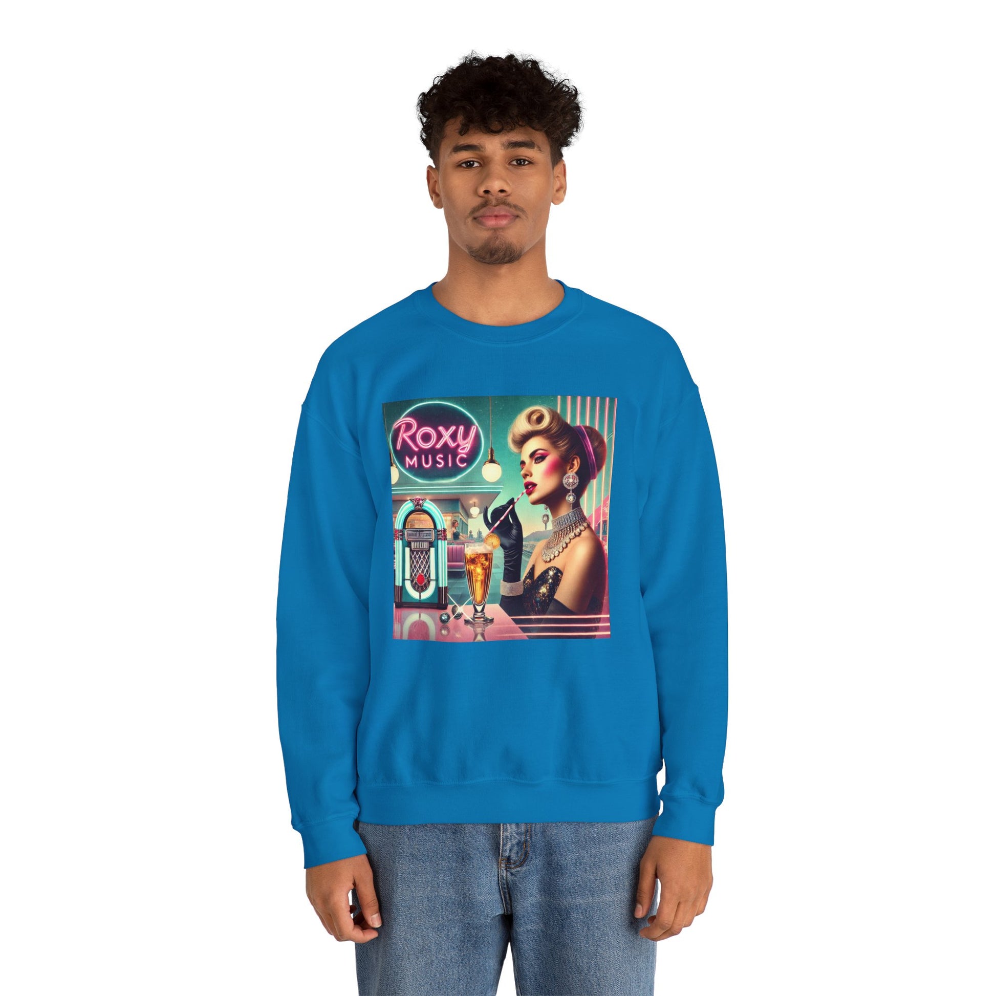 Man wearing royal blue Album Cover Nostalgia sweatshirt with Roxy Music retro album cover graphic