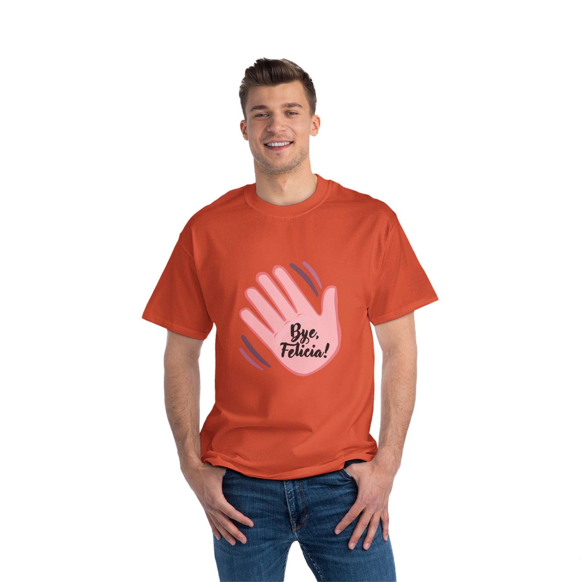 Man wearing red Bye Felicia T-Shirt with pink hand graphic