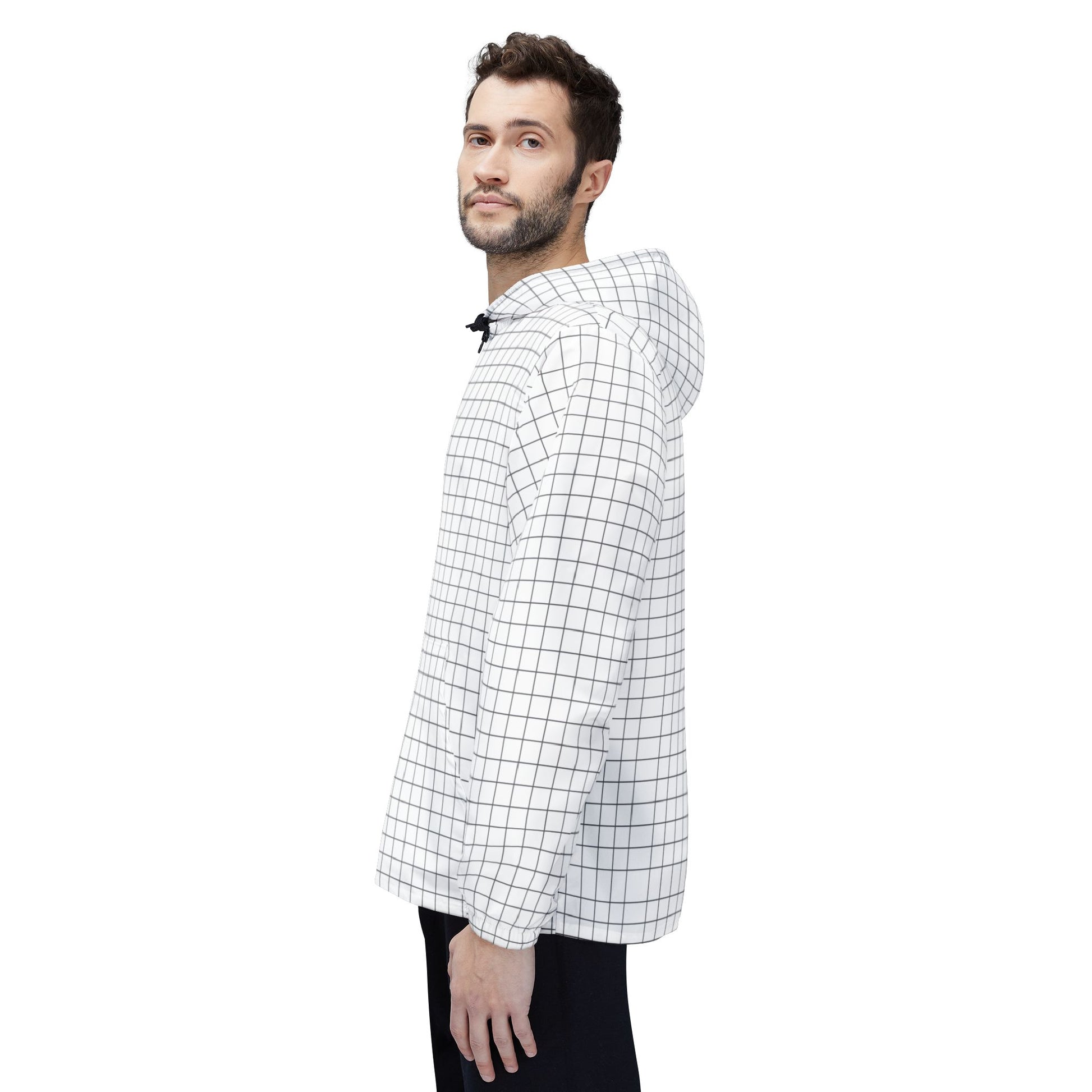 Male model side-back view highlighting hood and grid design of jacket.