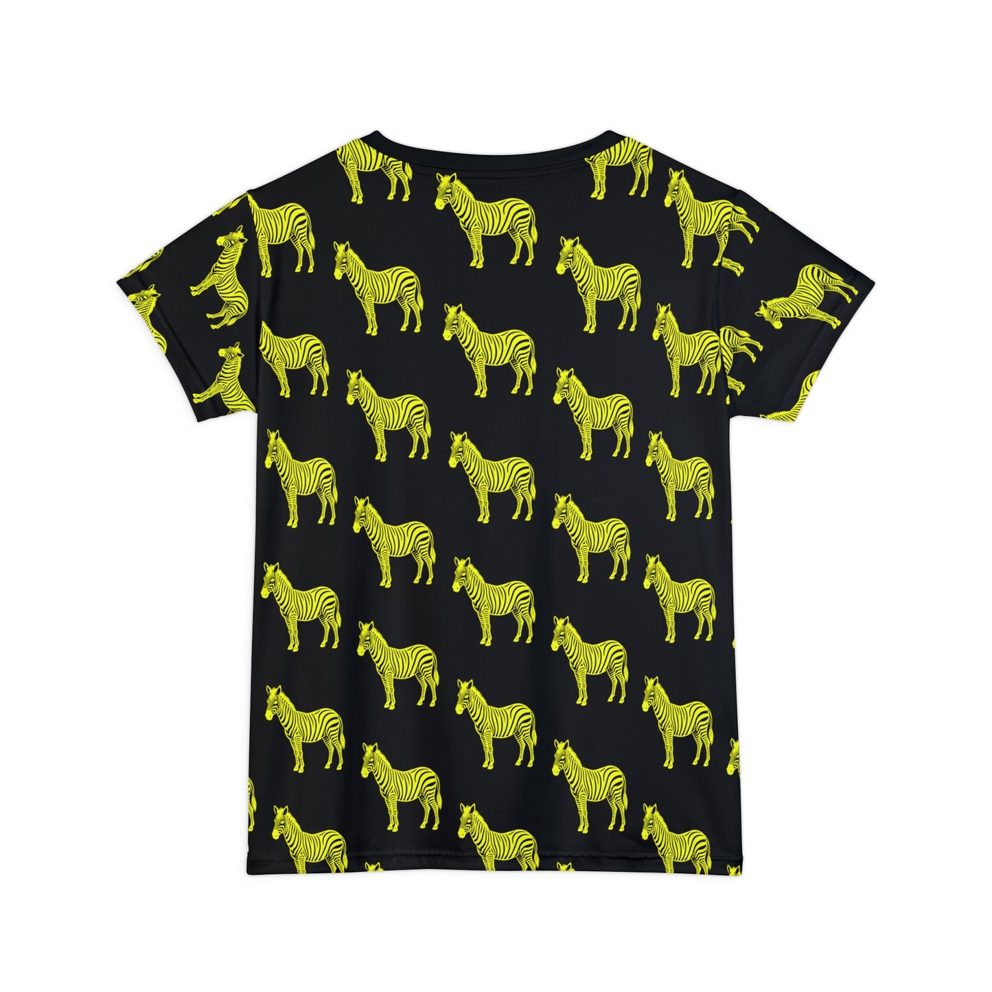 Yellow Zebra Women's T-Shirt flat lay back view showing full neon zebra pattern on black fabric.