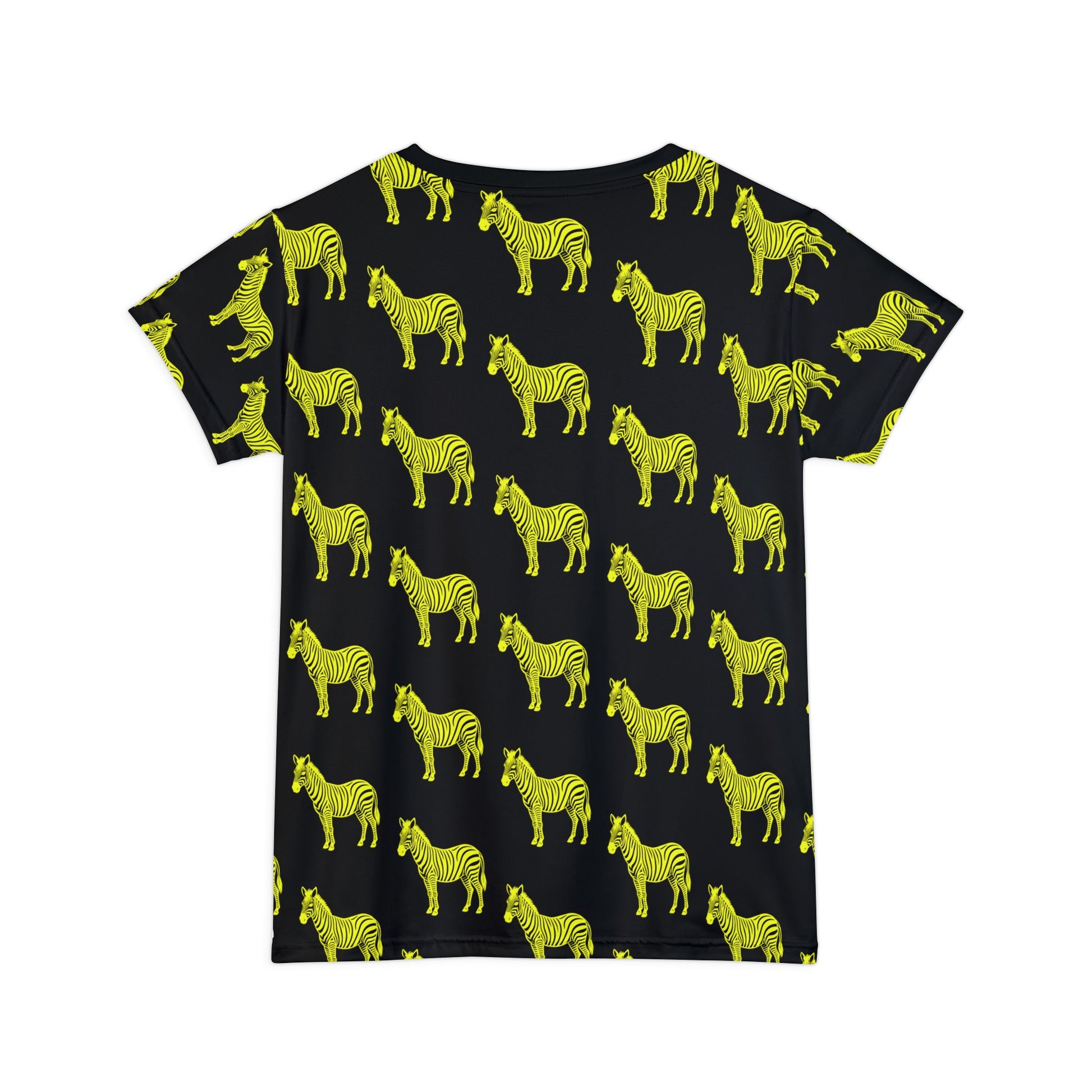 Yellow Zebra Women's T-Shirt flat lay back view showing full neon zebra pattern on black fabric.