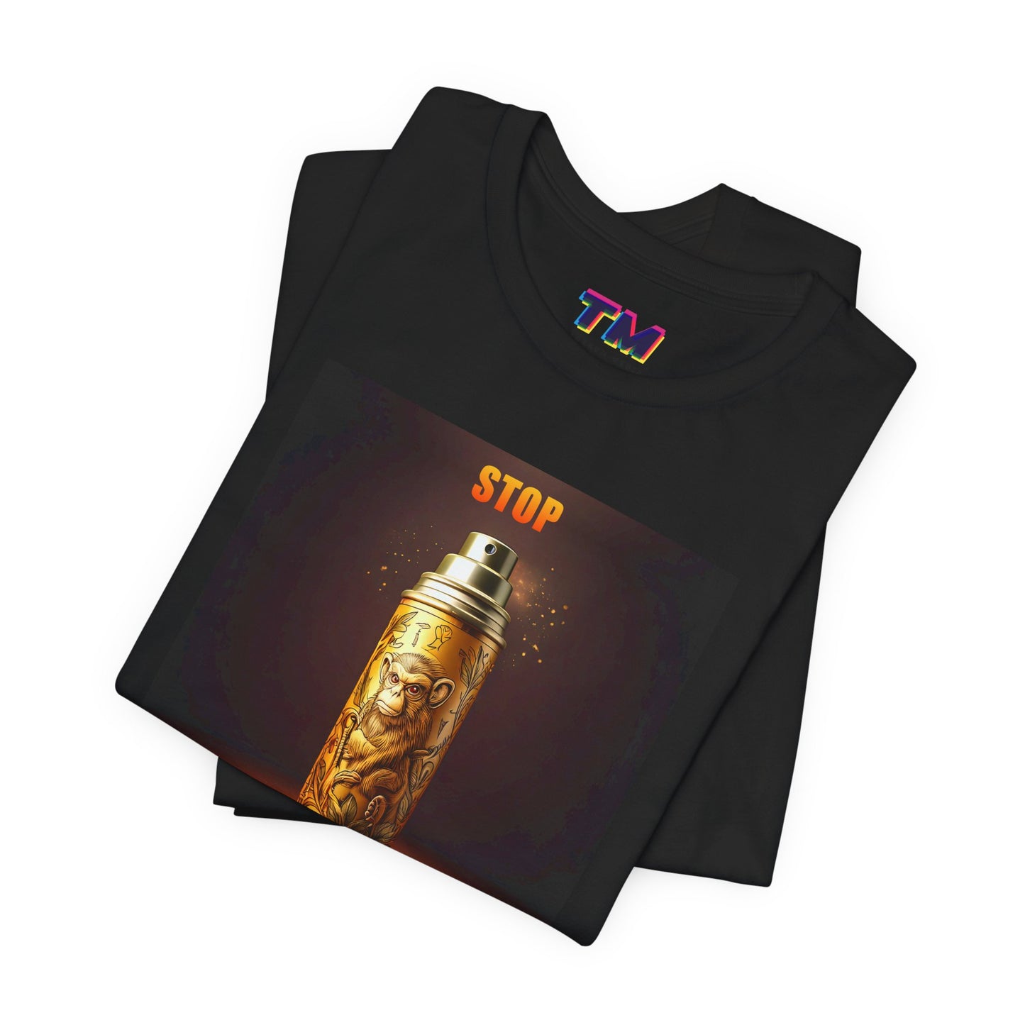 Folded black Stop Flying Monkeys T-Shirts stacked, showcasing print and fabric