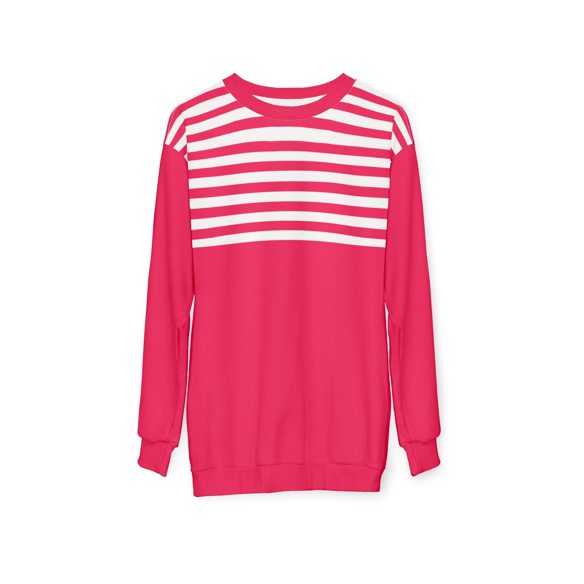 Flat lay of Pink Stripes Sweatshirt with accessories, highlighting vibrant pink and white stripes.