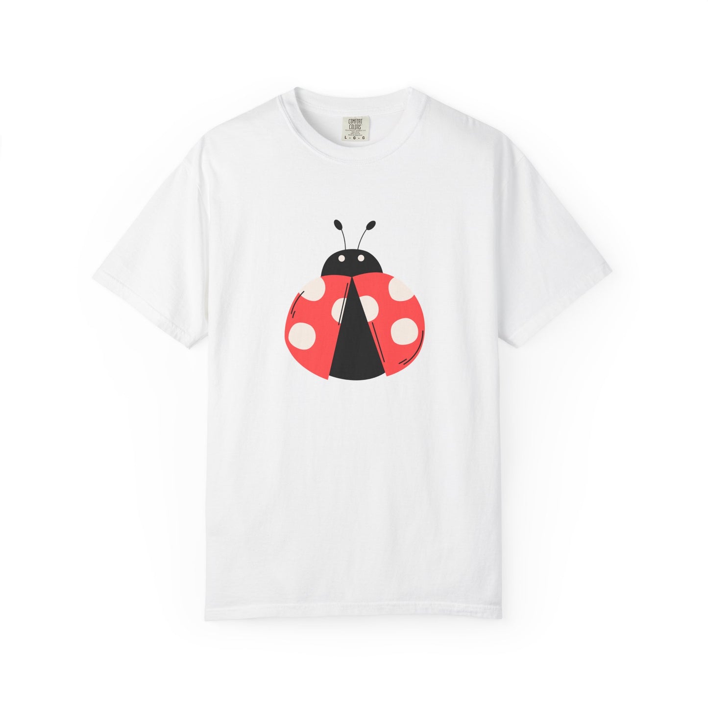 White t-shirt with a ladybug design on a white background