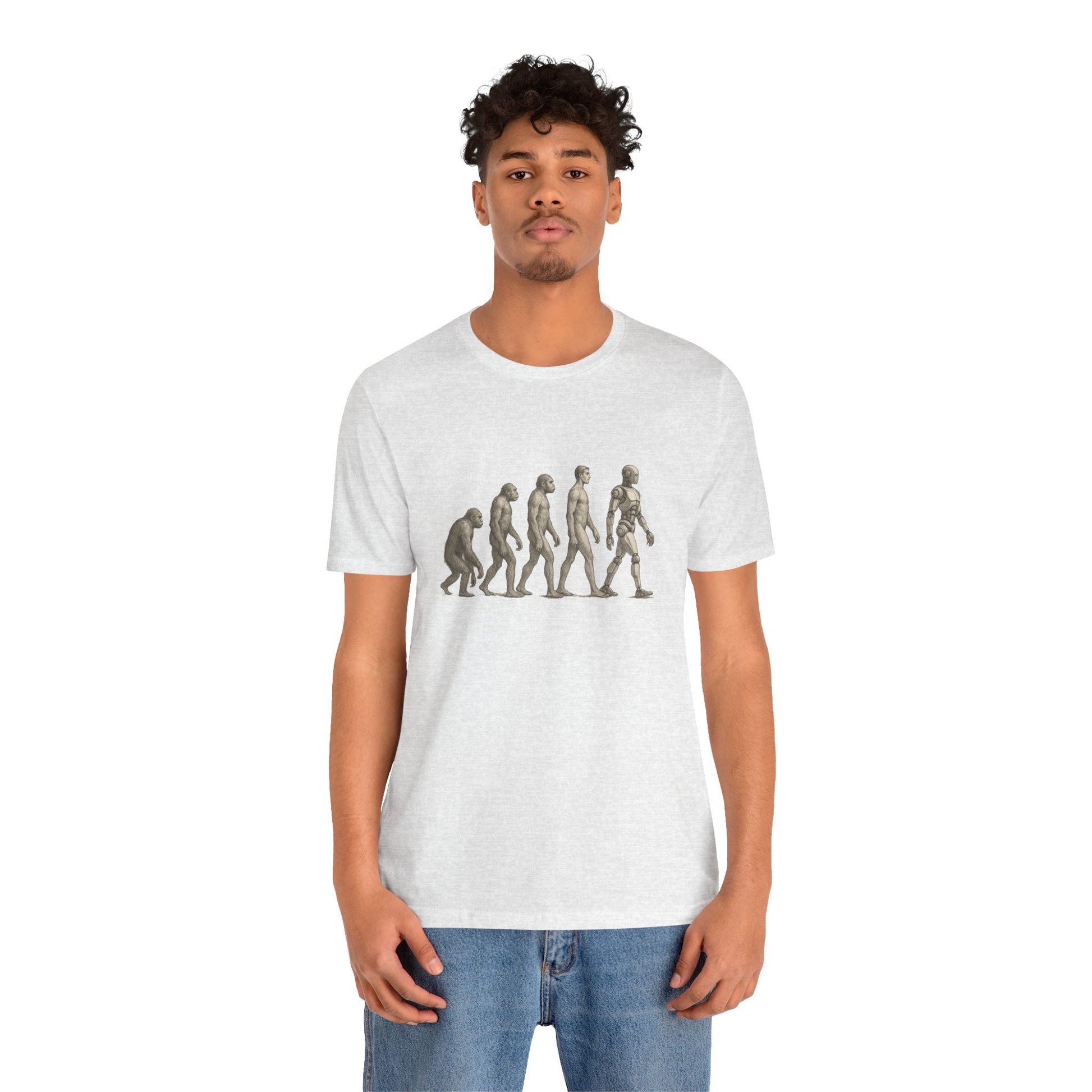 Model wearing light grey t-shirt with human evolution graphic from ape to robot