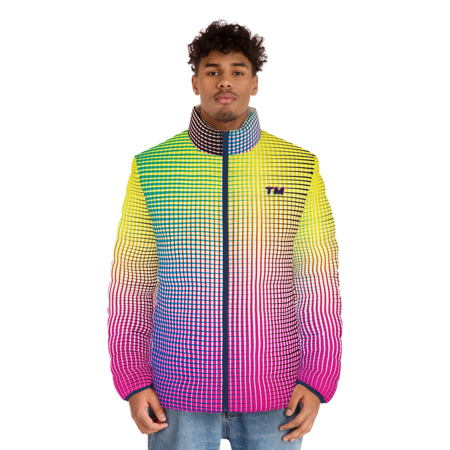 Model wearing Electric Rainbow Men’s Puffer Jacket Lightweight Winter Coat front view multicolor gradient