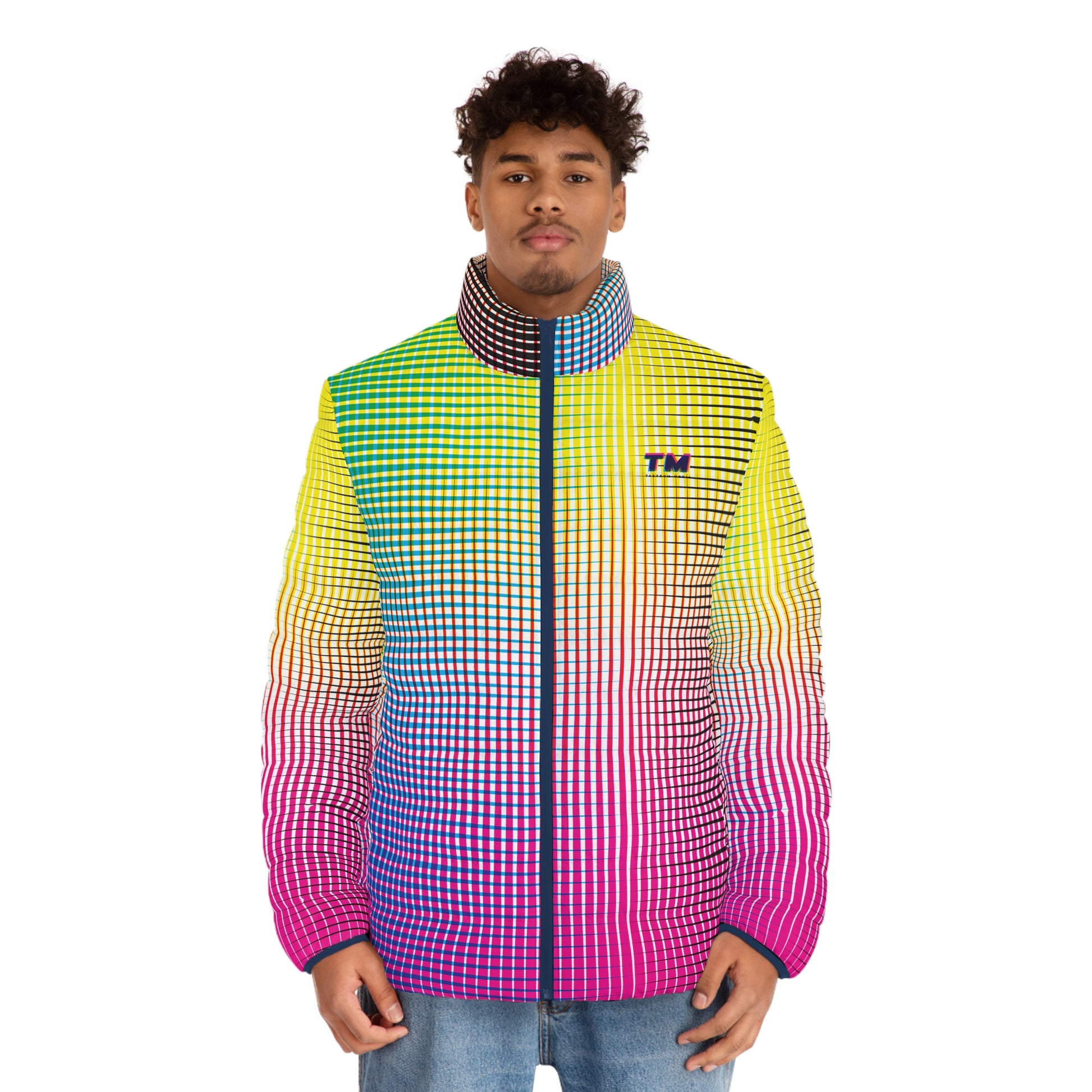Model wearing Electric Rainbow Men’s Puffer Jacket Lightweight Winter Coat front view multicolor gradient
