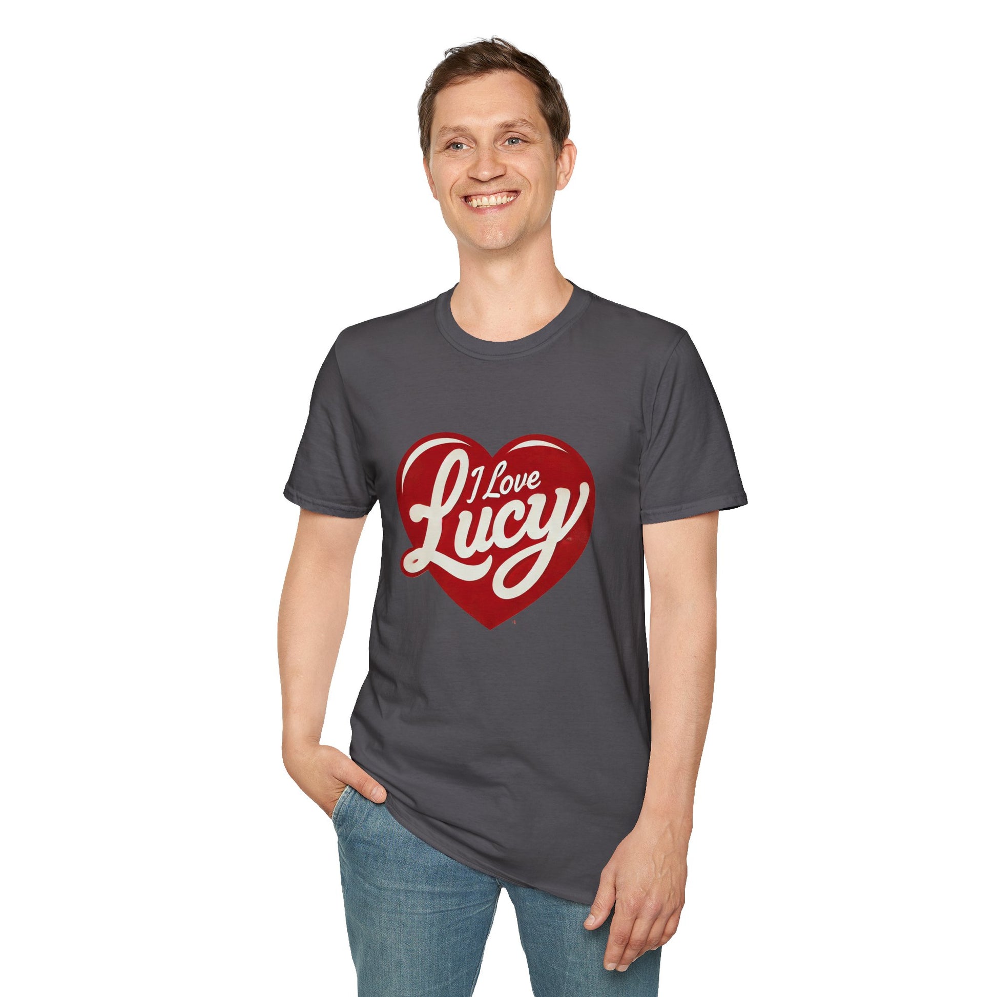 A person wearing a red crew neck t-shirt with a heart logo that has the text 'I Love Lucy' on it.