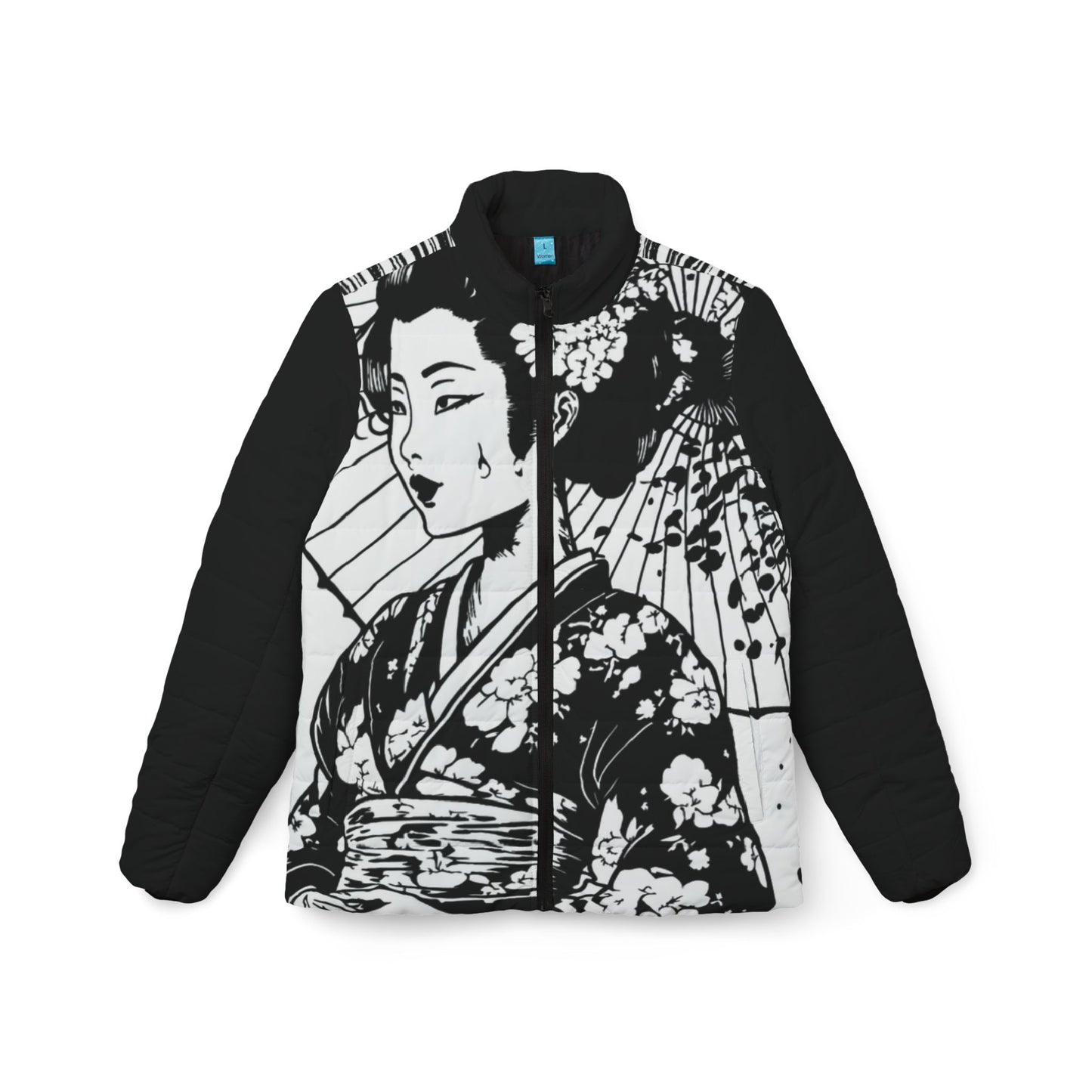 Black and White Geisha Women’s Puffer Jacket flat lay back with striped pattern
Flat lay front view