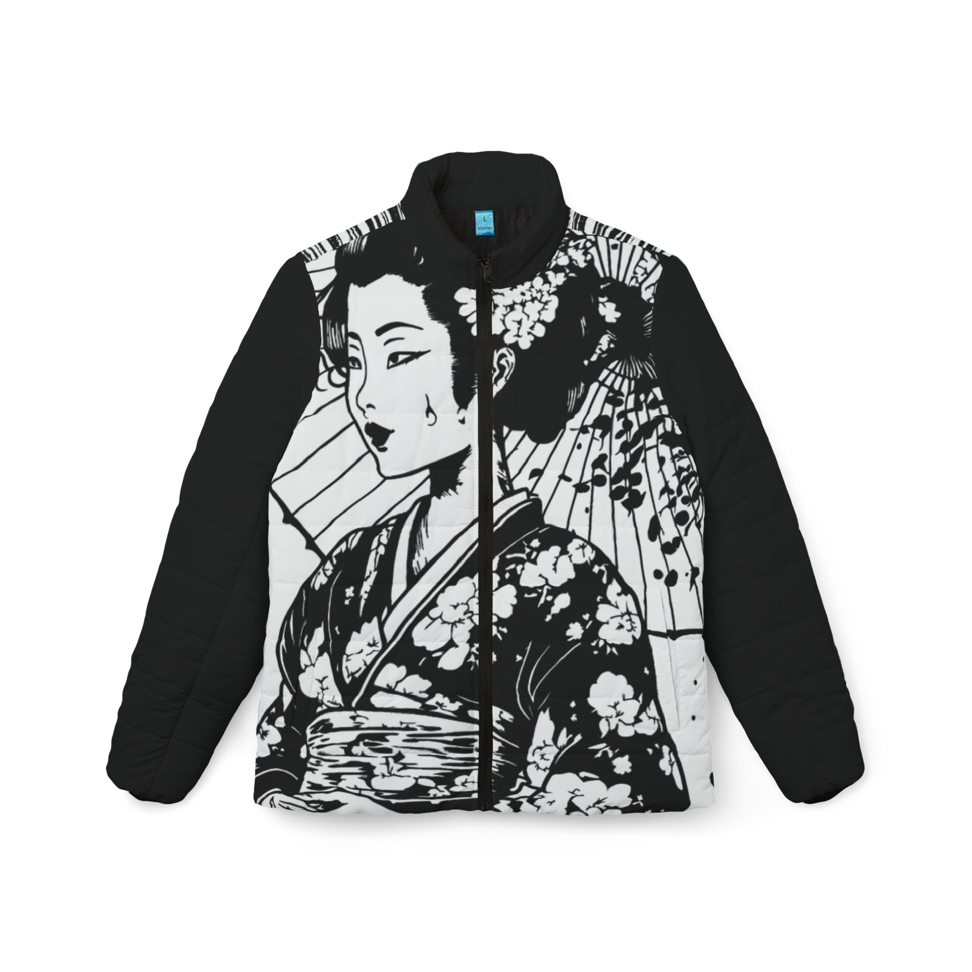 Black and White Geisha Women’s Puffer Jacket flat lay back with striped pattern
Flat lay front view