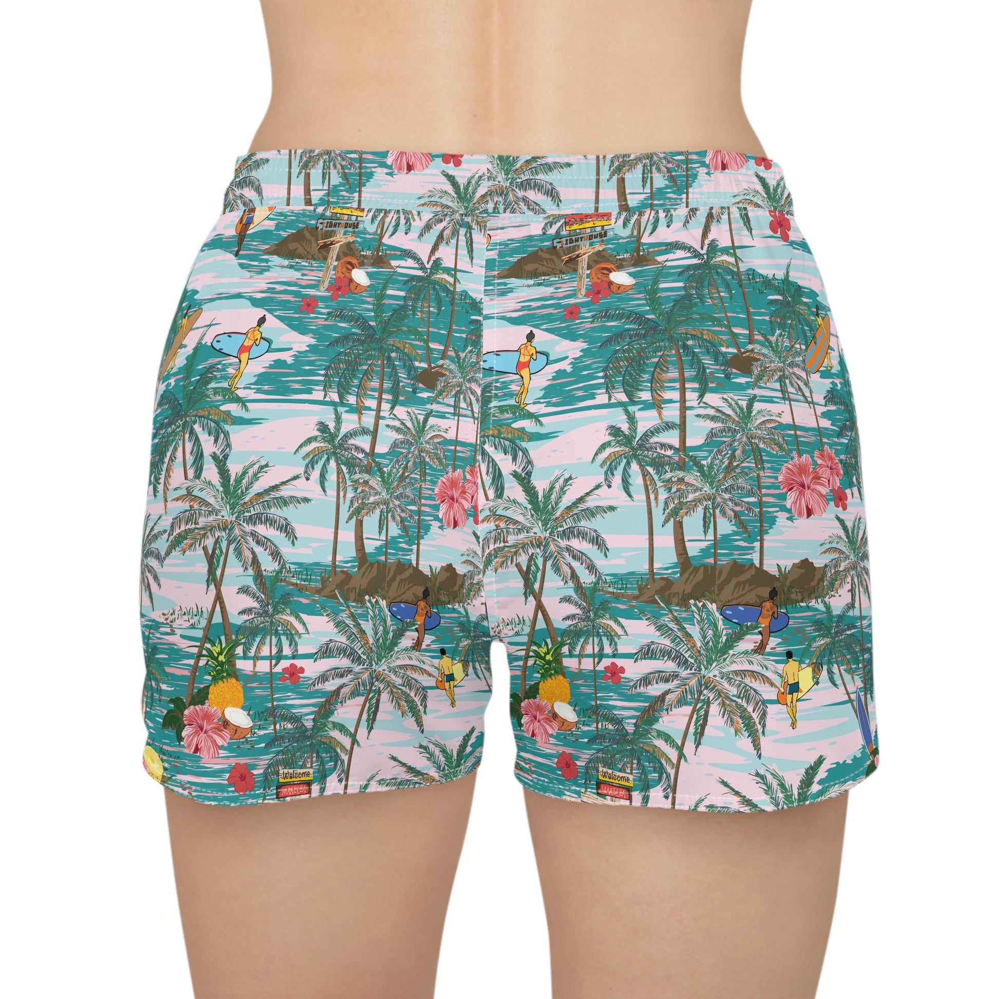 Back view of women’s Hawaiian shorts with elastic waistband