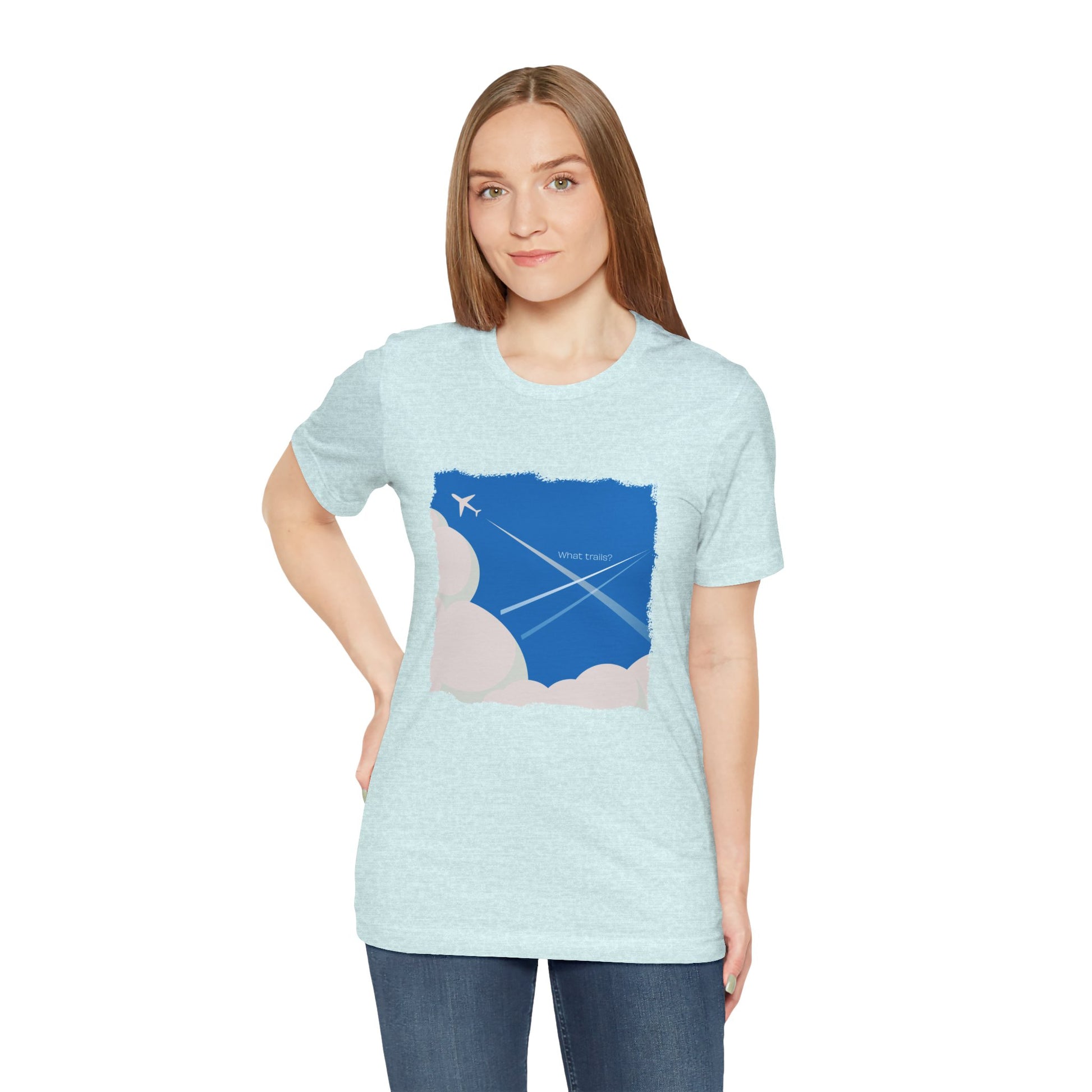 Woman wearing a light blue t-shirt with a graphic design on a white background