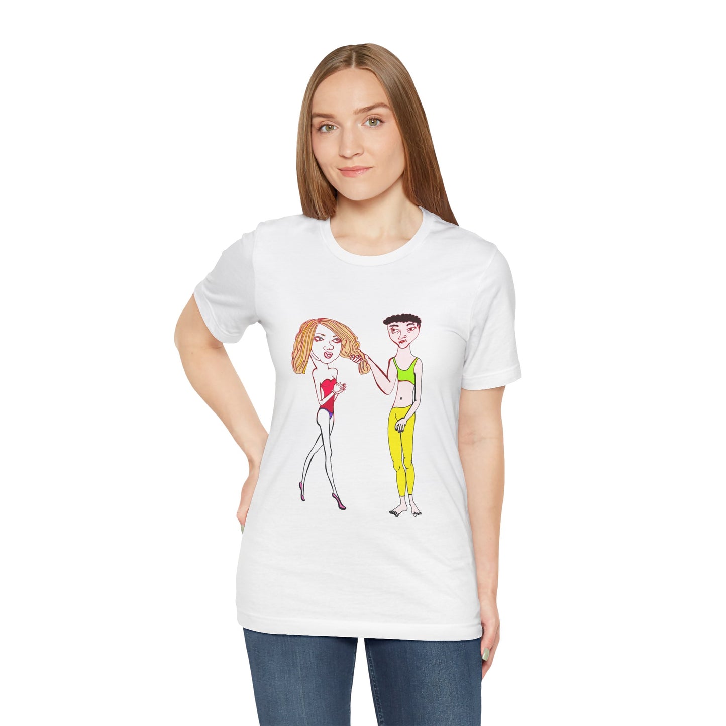 Woman modeling a white Charlotte and Van hand-drawn couple tee with arms loosely crossed and casual pose.