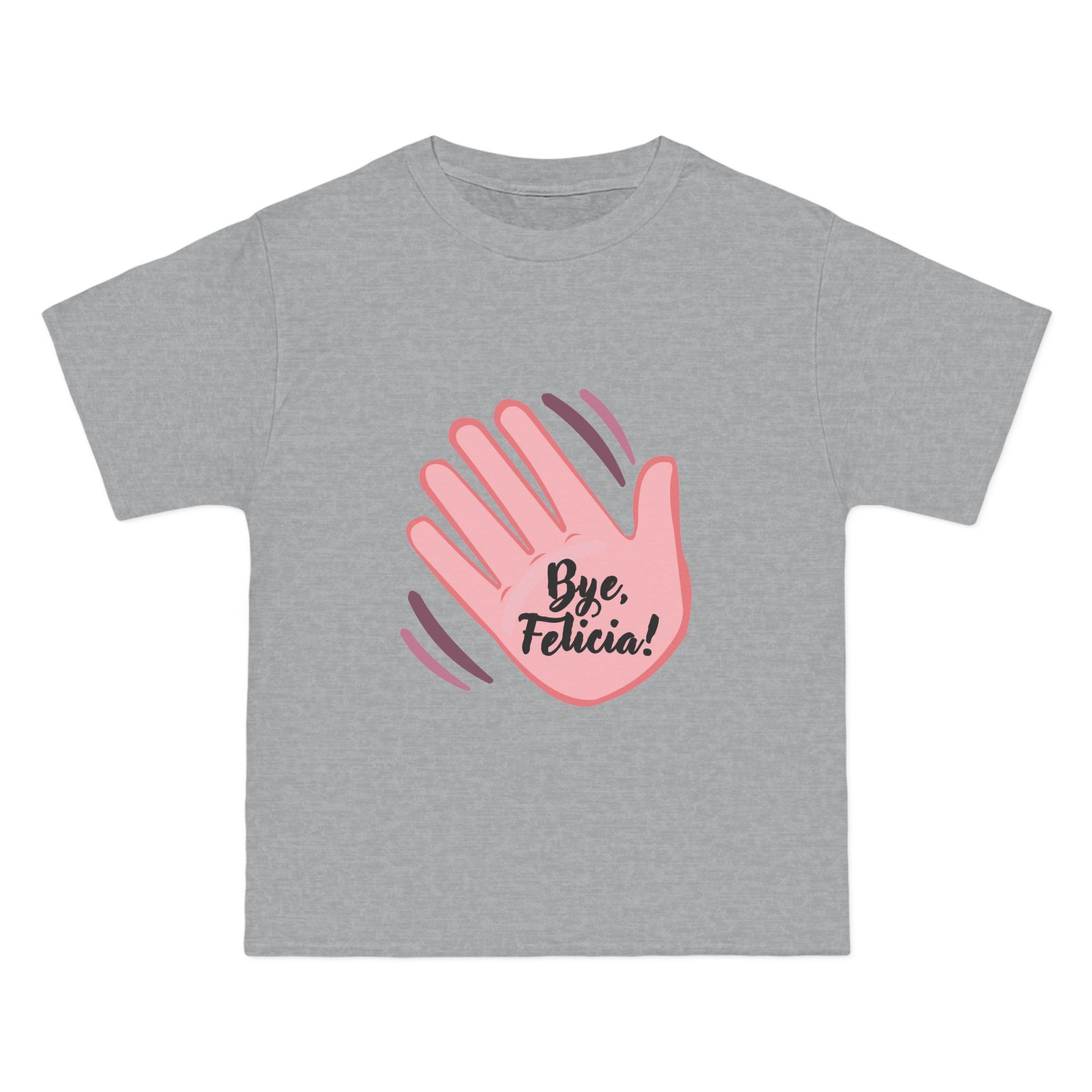 Flat lay gray Bye Felicia T-Shirt with pink hand graphic