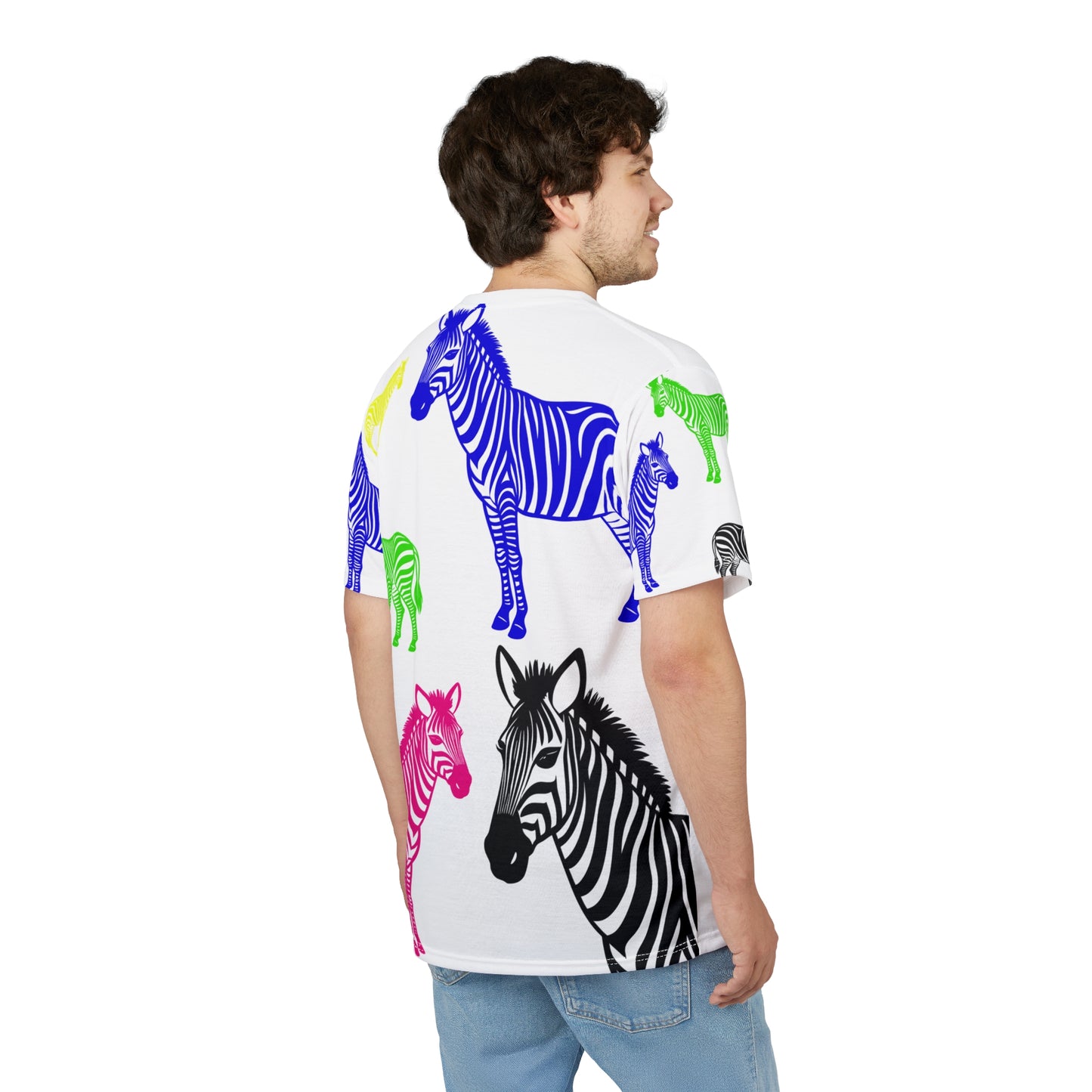 Male model back view wearing Colored Zebras Unisex T-Shirt with neon zebra prints