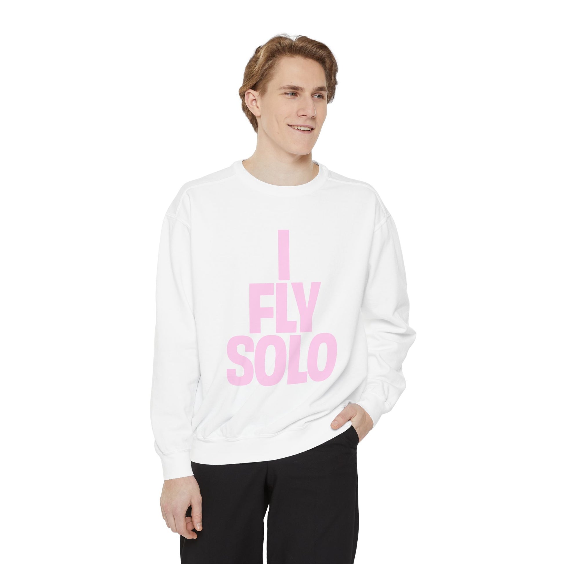 White ‘I Fly Solo’ sweatshirt on male model