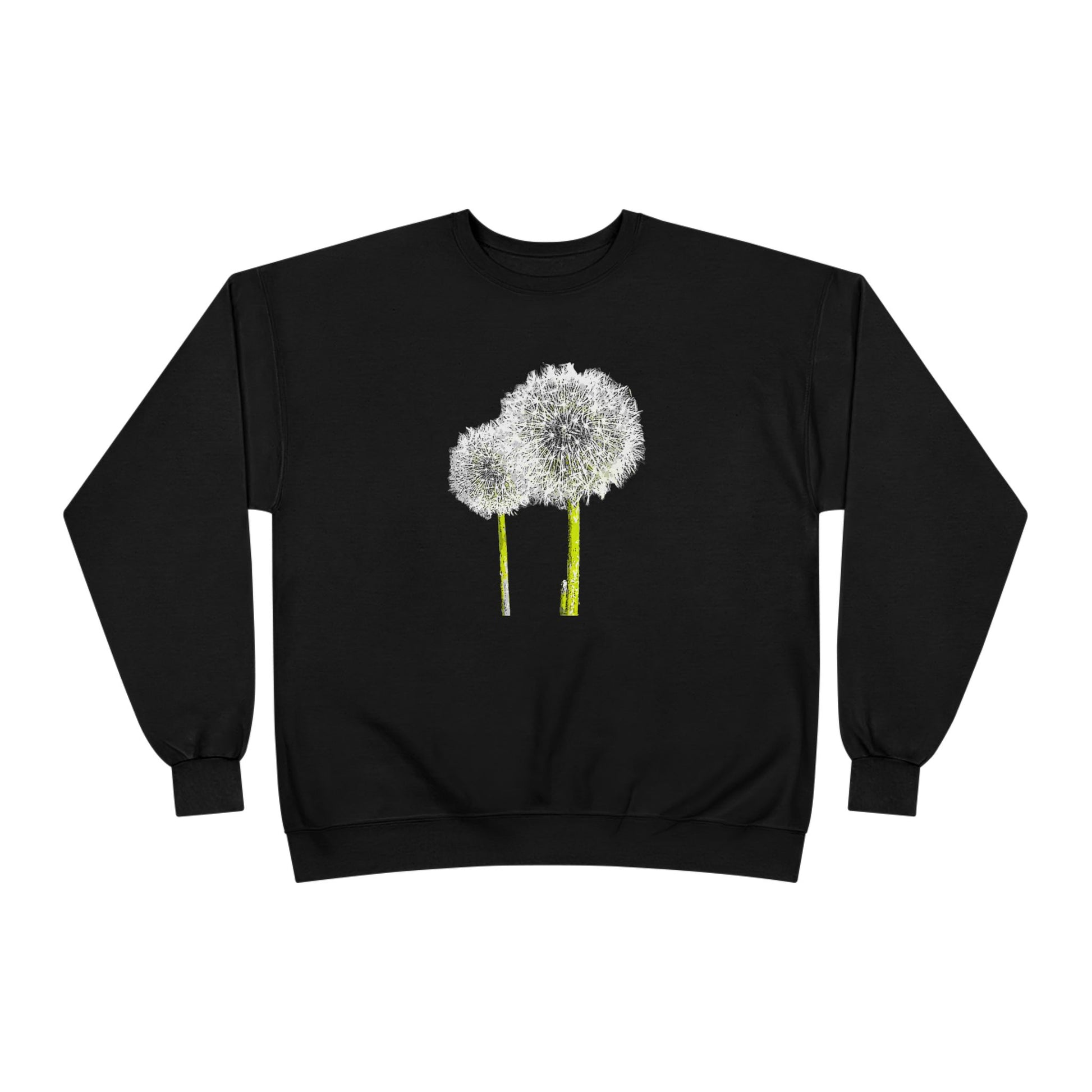 Black Tantrum Media Dandelion Unisex Sweatshirt with white dandelion print, flat on white background