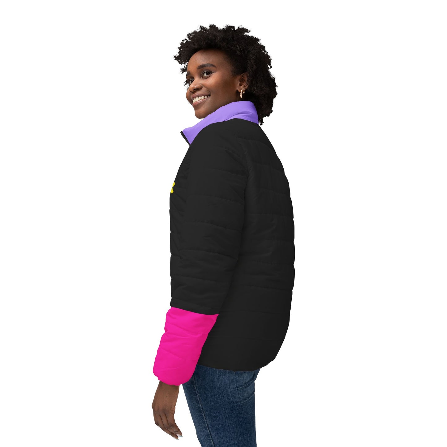 Side profile of model in Pac-Man women’s black puffer jacket showing pink sleeves and fitted cut