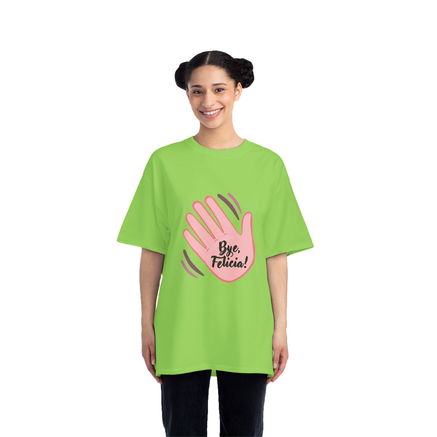 Woman wearing green Bye Felicia T-Shirt with pink hand graphic
