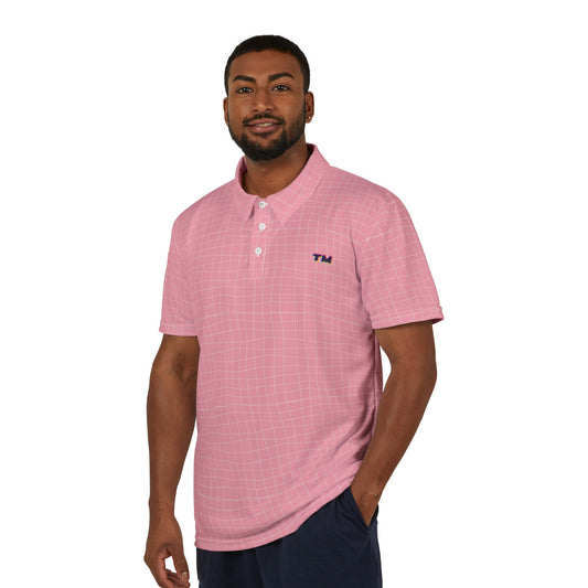 Pink Grid Polo Shirt featuring a subtle checkered pattern and a button-up collar, perfect for golf, business casual, and modern sporty fashion.