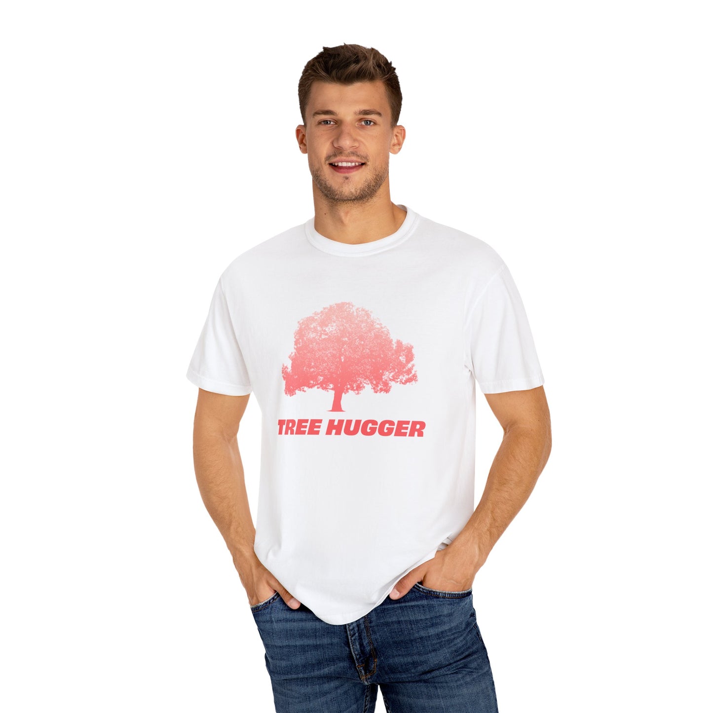 Man standing wearing white Tree Hugger T-shirt with red tree graphic