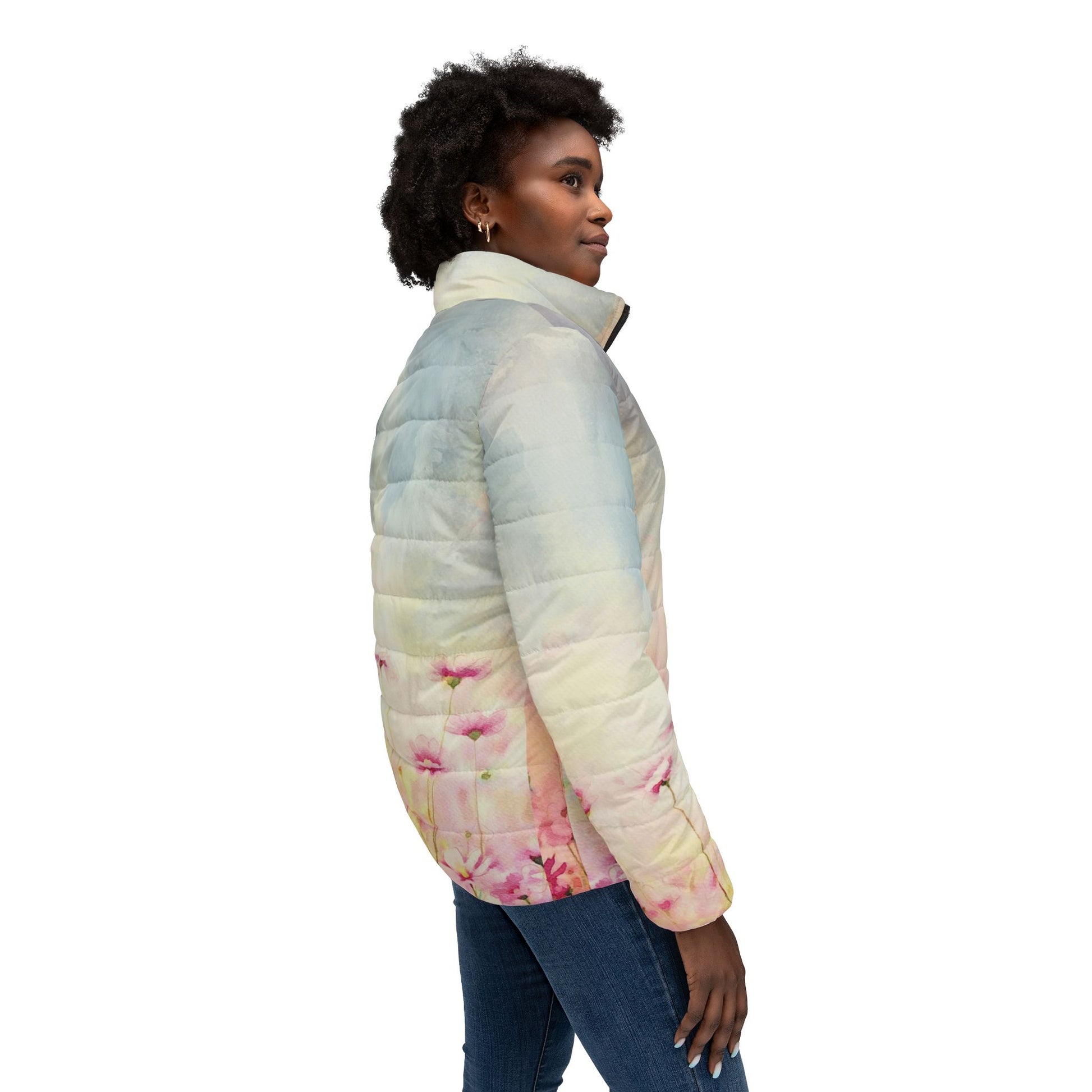 Pink Amapola Women’s Puffer Jacket floral design side profile left view