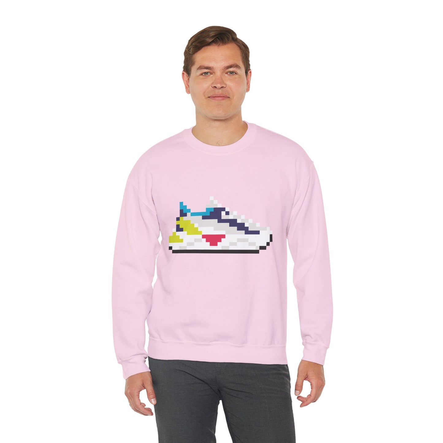 Man wearing pink 8-bit sneaker sweatshirt with pixel sneaker graphic, front view