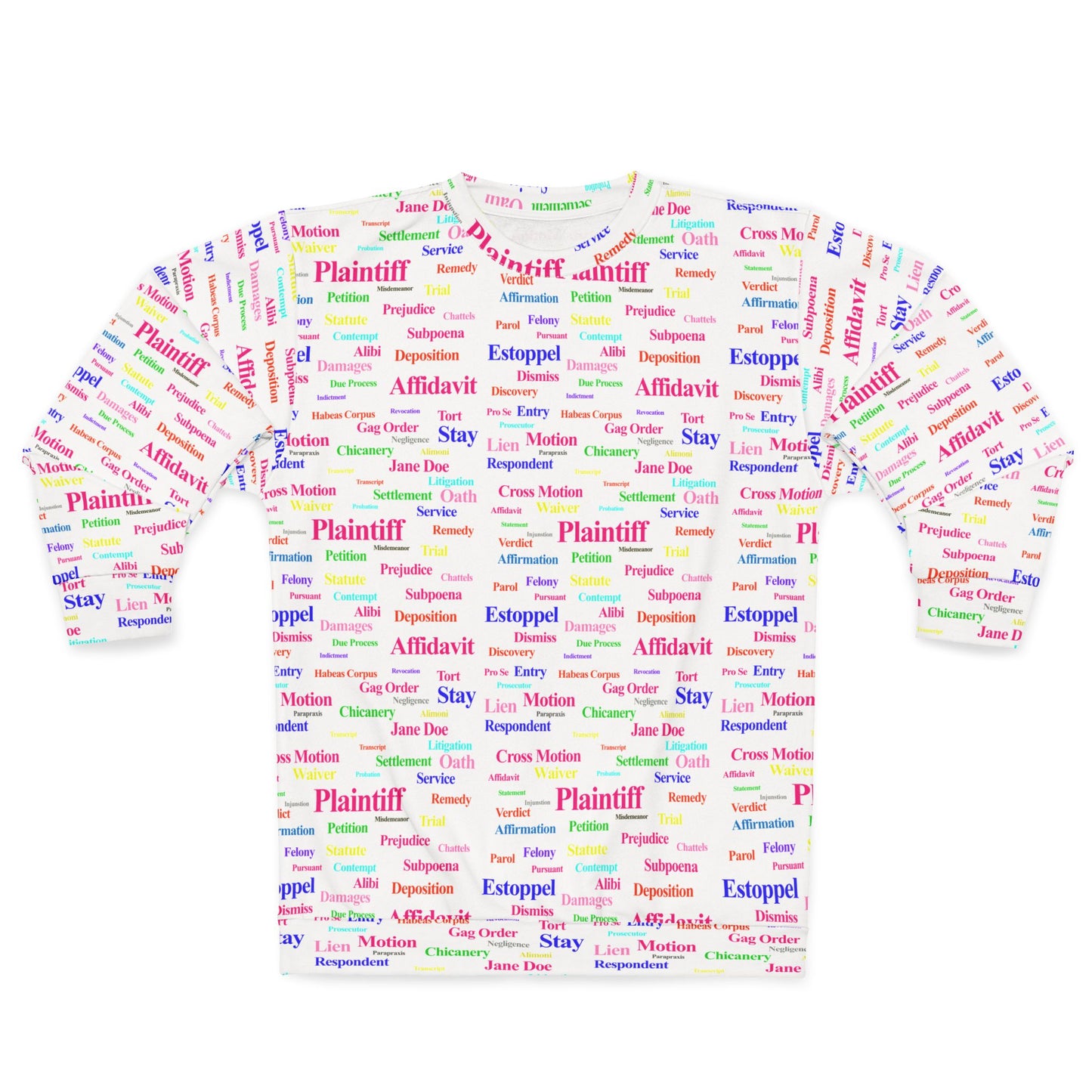 Flat lay of Legalese Sweatshirt unisex crew neck with all-over legal terms print in multiple colors.